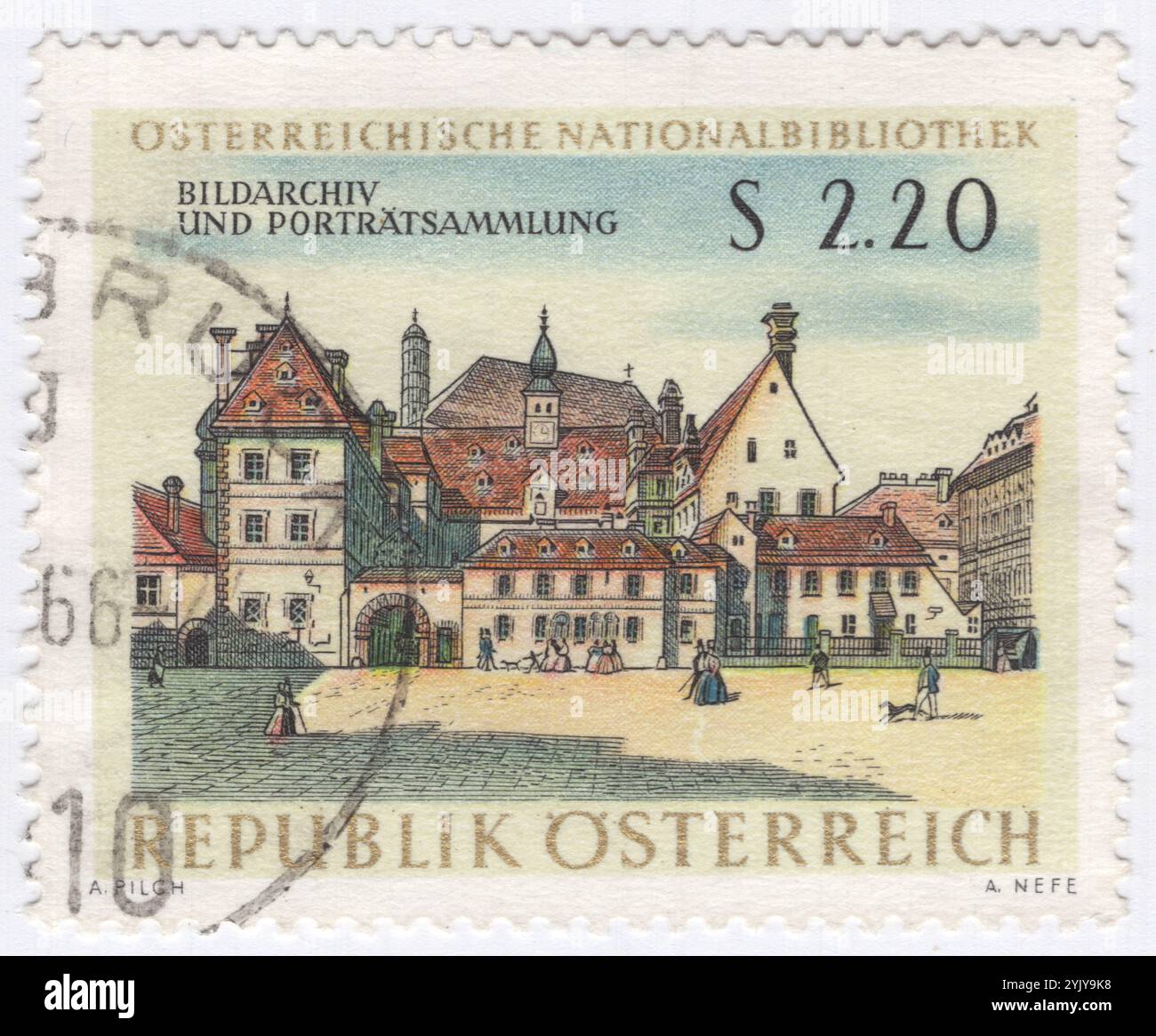 ÖSTERREICH - 28. September 1966: 2,20 Schilling mehrfarbige Briefmarke, die das alte Landhaus in Wien darstellt. Blick auf das alte Wien nach einem Aquarell von Anton Stutzinger, Bilderarchiv und Porträtsammlung, Österreichische Nationalbibliothek Stockfoto