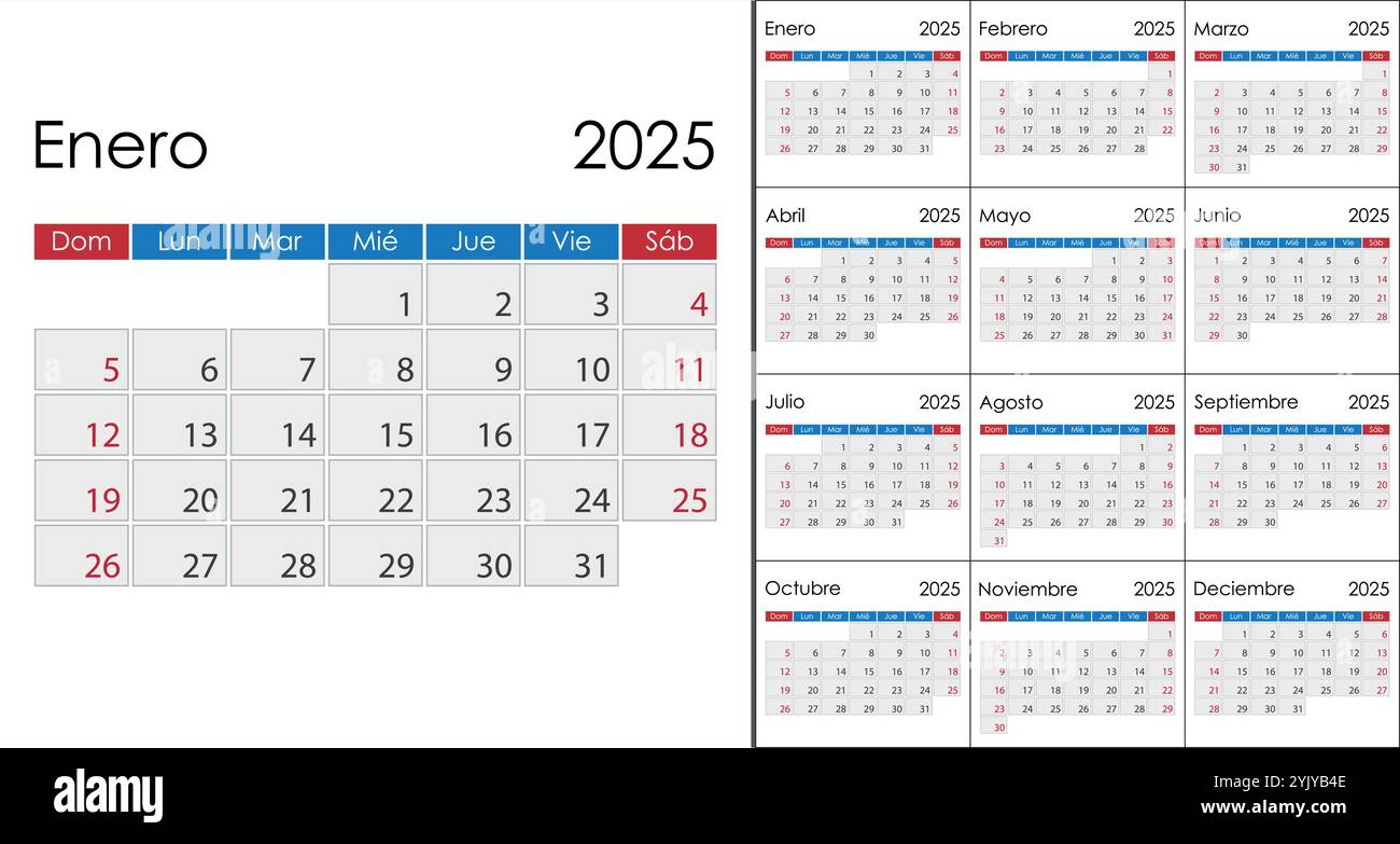 Kalender 2025 – Wochenansicht Querformat, Spiralbindung, Rot, Spanisch | Januar Bis Dezember, Mit Feiertagen
