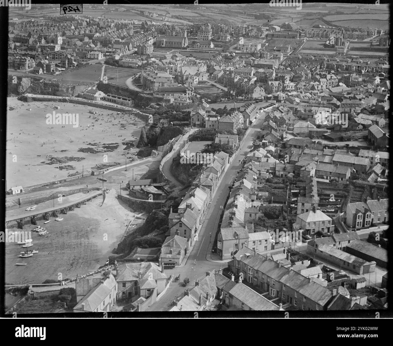 Forth Street und Towan Sands, Newquay, Cornwall, 1930er Jahre. Stockfoto