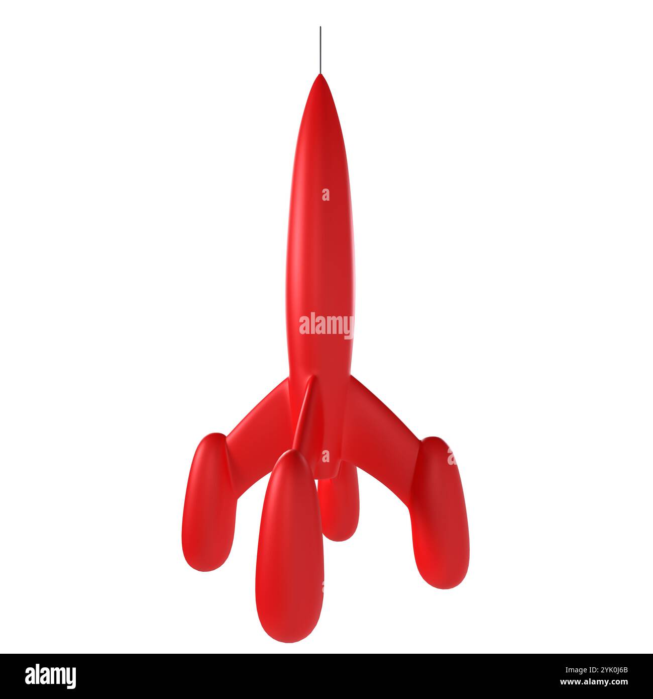 Ein leuchtend rotes, raketenförmiges Dekor hängt in einer verspielten Umgebung von der Decke. Stockfoto