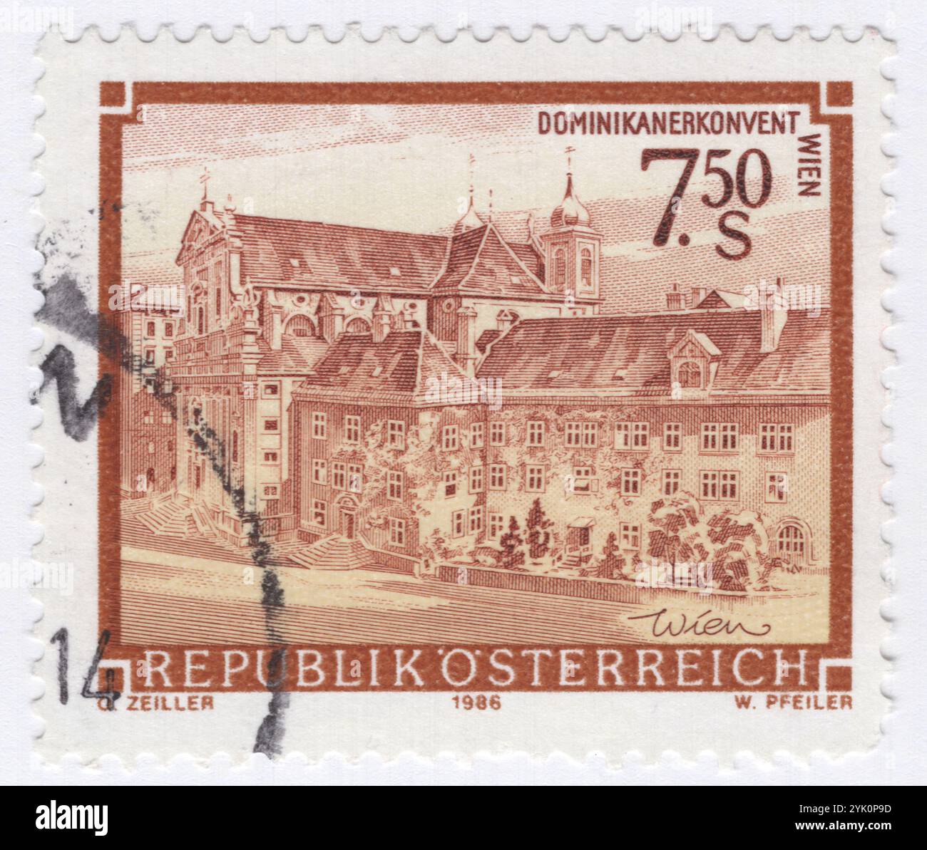 ÖSTERREICH - 1986. Oktober 3: 7,50 Schilling Briefmarke mit der Dominikanerkirche, auch bekannt als Kirche St. Maria Rotunde, ist eine frühbarocke Pfarrkirche und kleine Basilika im historischen Zentrum von Wien. Es ist die dritte Kirche, die im Laufe der Zeit an derselben Stelle errichtet wurde Stockfoto