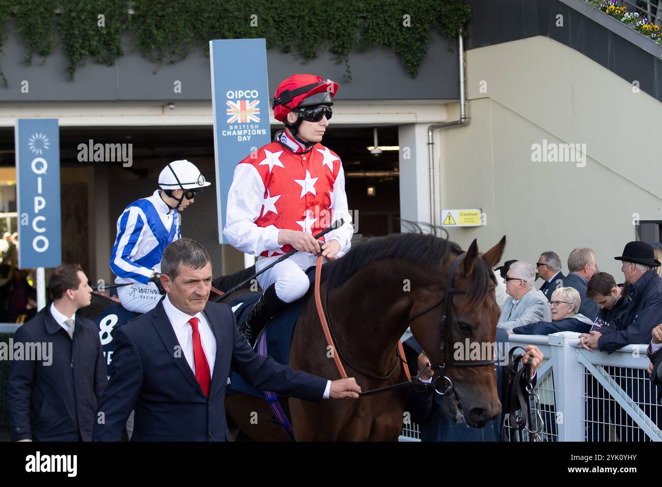 Ascot, Berkshire, Großbritannien. Oktober 2024. AL NAYYIR von Jockey Luke Morris fährt auf die Rennstrecke für den QIPCO British Champions Long Distance Cup (Klasse 1) (Gruppe 2) (British Champions Series) beim British Champions Day 2024 auf der Ascot Racecourse in Berkshire. Kredit: Maureen McLean/Alamy Stockfoto