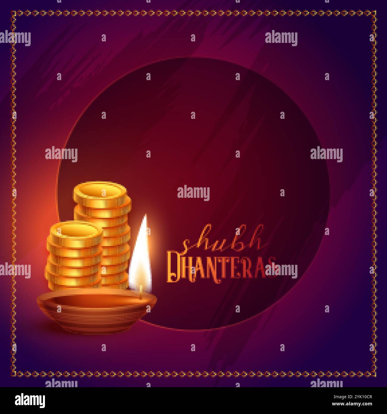 Goldmünzen und Diya glücklich dhanteras Hintergrund Stock Vektor