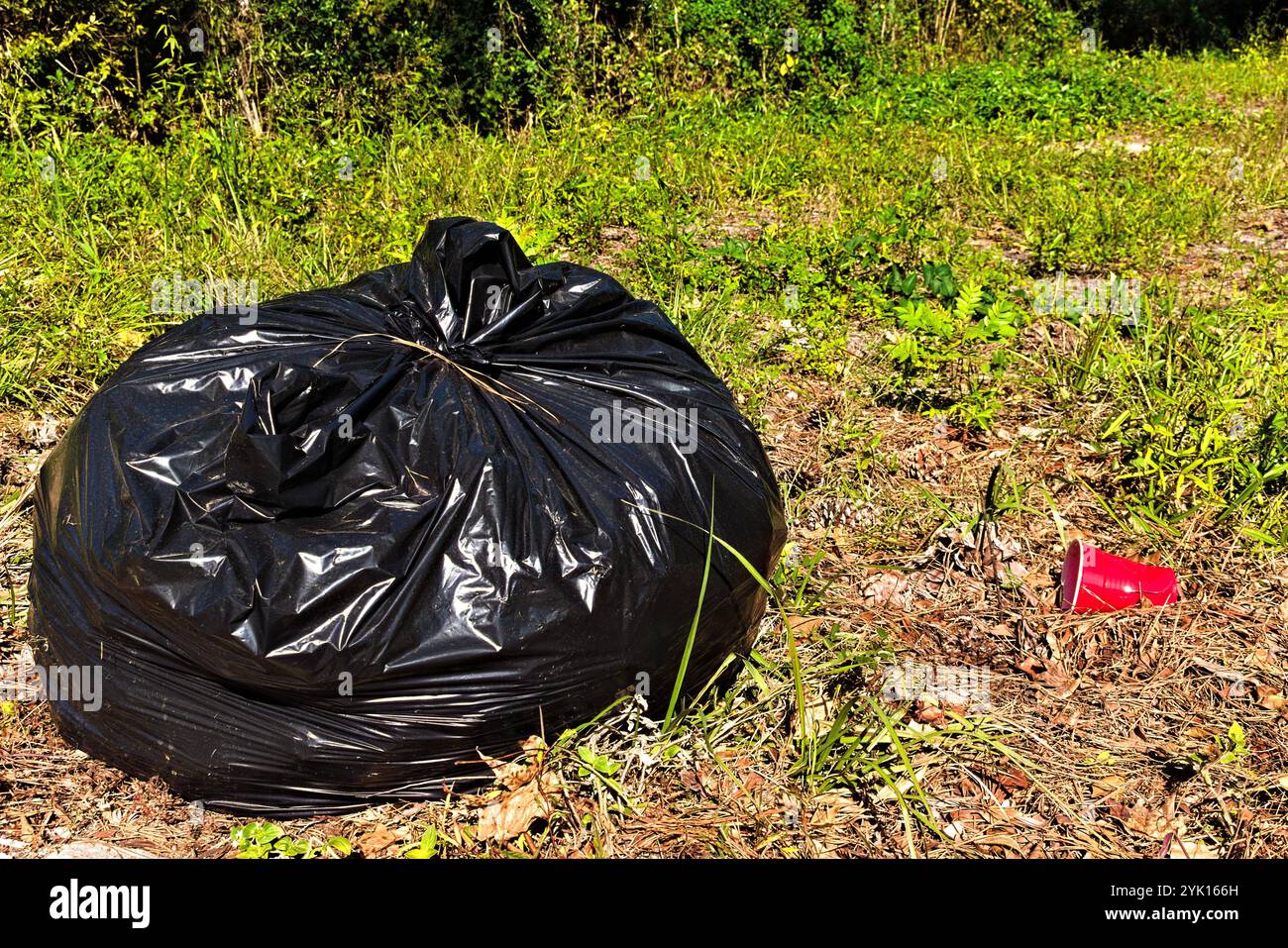 Ein schwarzer Müllsack, der im Gras liegt, am Rande einer Landstraße. Stockfoto