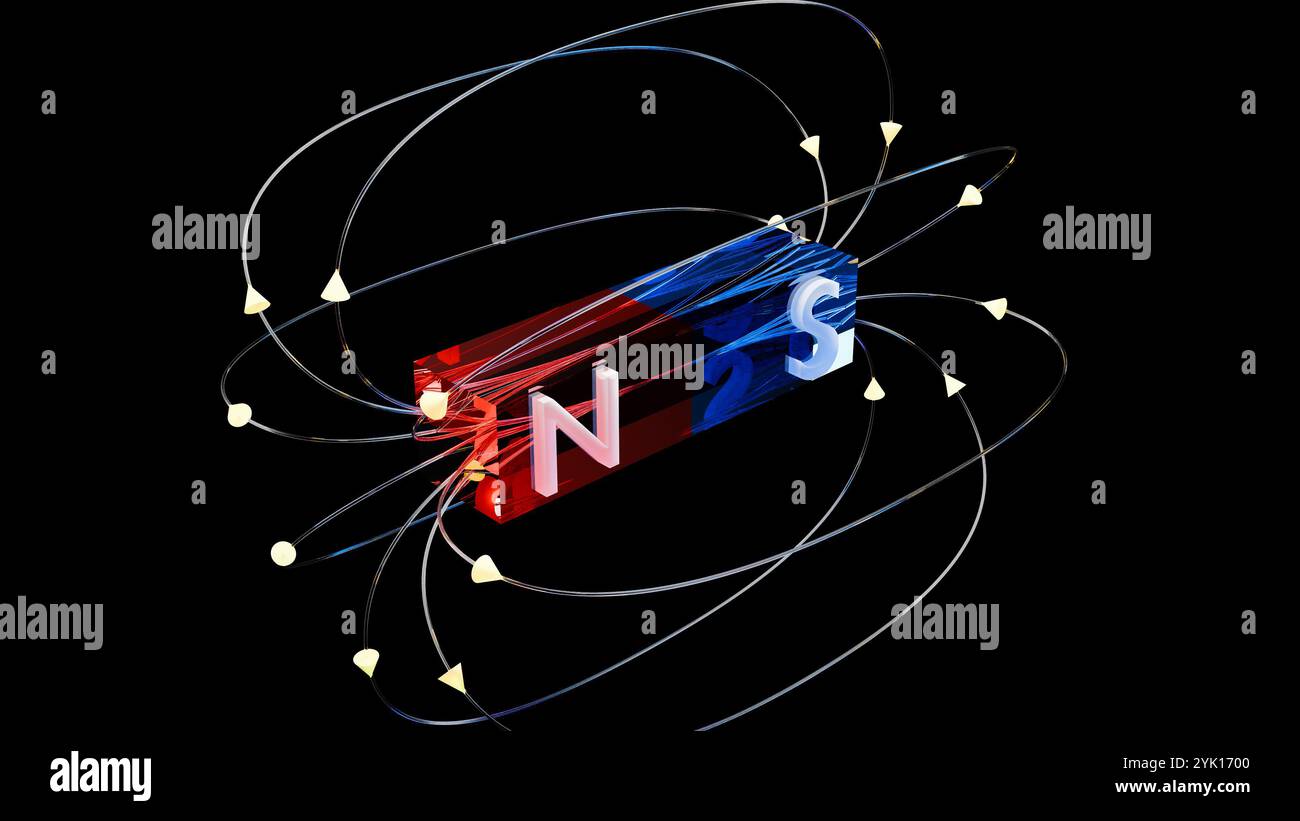 Magnetfeld, Blauer und Roter Stabmagnet, Elektromagnetphysik Ausbildung der Wissenschaft, Süd- und Nord-Stromleitungen und Pfeile, Polaritätsanziehung, Ener Stockfoto
