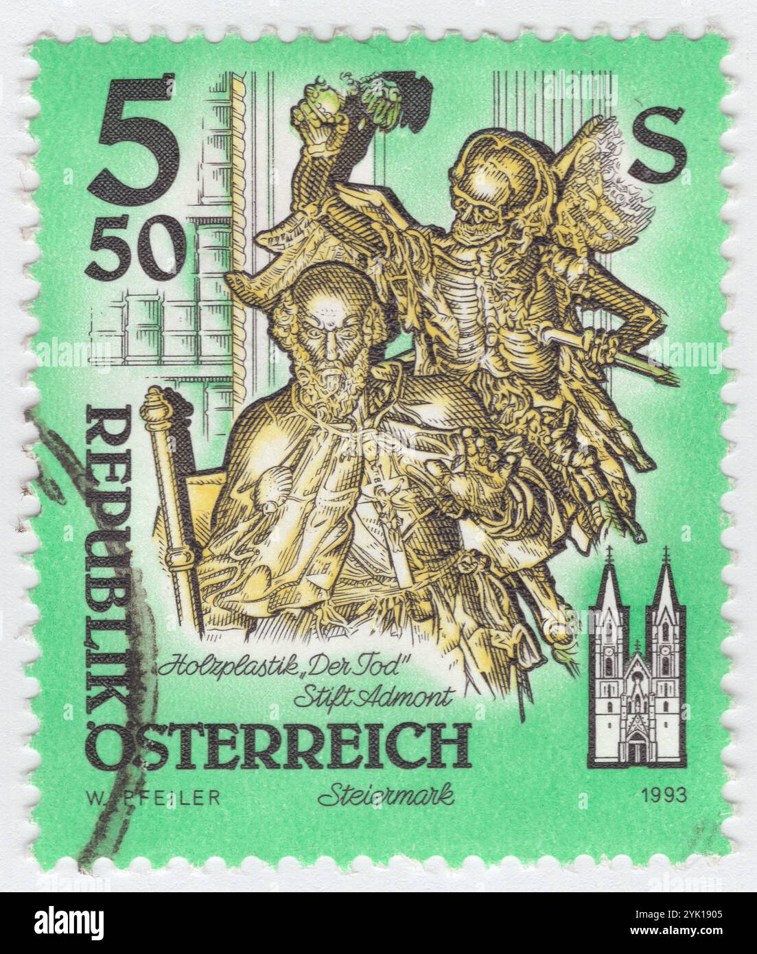 ÖSTERREICH - 14. April 1993: 5,50 Schilling Briefmarke mit Todeszeichen, Holzstatue von Josef Stammel (1695-1765). Josef Anton Stammel oder in einigen Quellen Josef Thaddäus Stammel war ein österreichischer Bildhauer im Barockstil. Tod aus den letzten vier Dingen Bronzeholz, Collegiate Library, Admont. Admont Abbey ist ein Benediktinerkloster an der Enns in Admont, Österreich. Das älteste erhaltene Kloster in der Steiermark beherbergt die größte Klosterbibliothek der Welt sowie eine langjährige wissenschaftliche Sammlung. Es ist bekannt für seine barocke Architektur Stockfoto