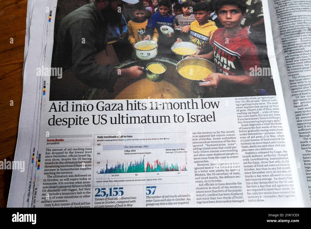 "Die Hilfe für Gaza erreicht im 11. Monat tief trotz US-Ultimatum an Israel' Guardian-Zeitung titelt israelisch-palästinensischer Krieg artikel 12 November 2024 Vereinigtes Königreich Stockfoto