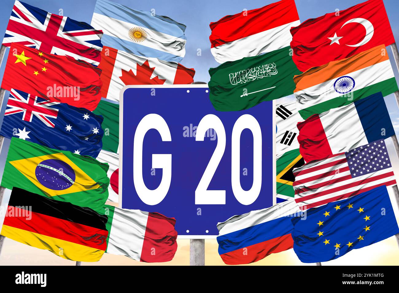 16. November 2024: Schild mit der Aufschrift G20 und Flaggen der G20-Länder - einschließlich Deutschland, USA, Kanada, Mexiko, Brasilien, Argentinien, China, Japan, Indien, Südkorea, Australien, Südafrika, Saudi-Arabien, Türkei, Indonesien, Italien, das Vereinigte Königreich, Frankreich, Russland und die Europäische Union als Symbol für globale Zusammenarbeit und Wirtschaftsdiskussionen auf dem G20-Gipfel in Rio de Janeiro. FOTOMONTAGE *** Schild mit Aufschrift G 20 und Flaggen der G20-Länder - darunter Deutschland, USA, Kanada, Mexiko, Brasilien, Argentinien, China, Japan, Indien, Südkorea, Australien, Südafrika, Saudi-Arabien Stockfoto