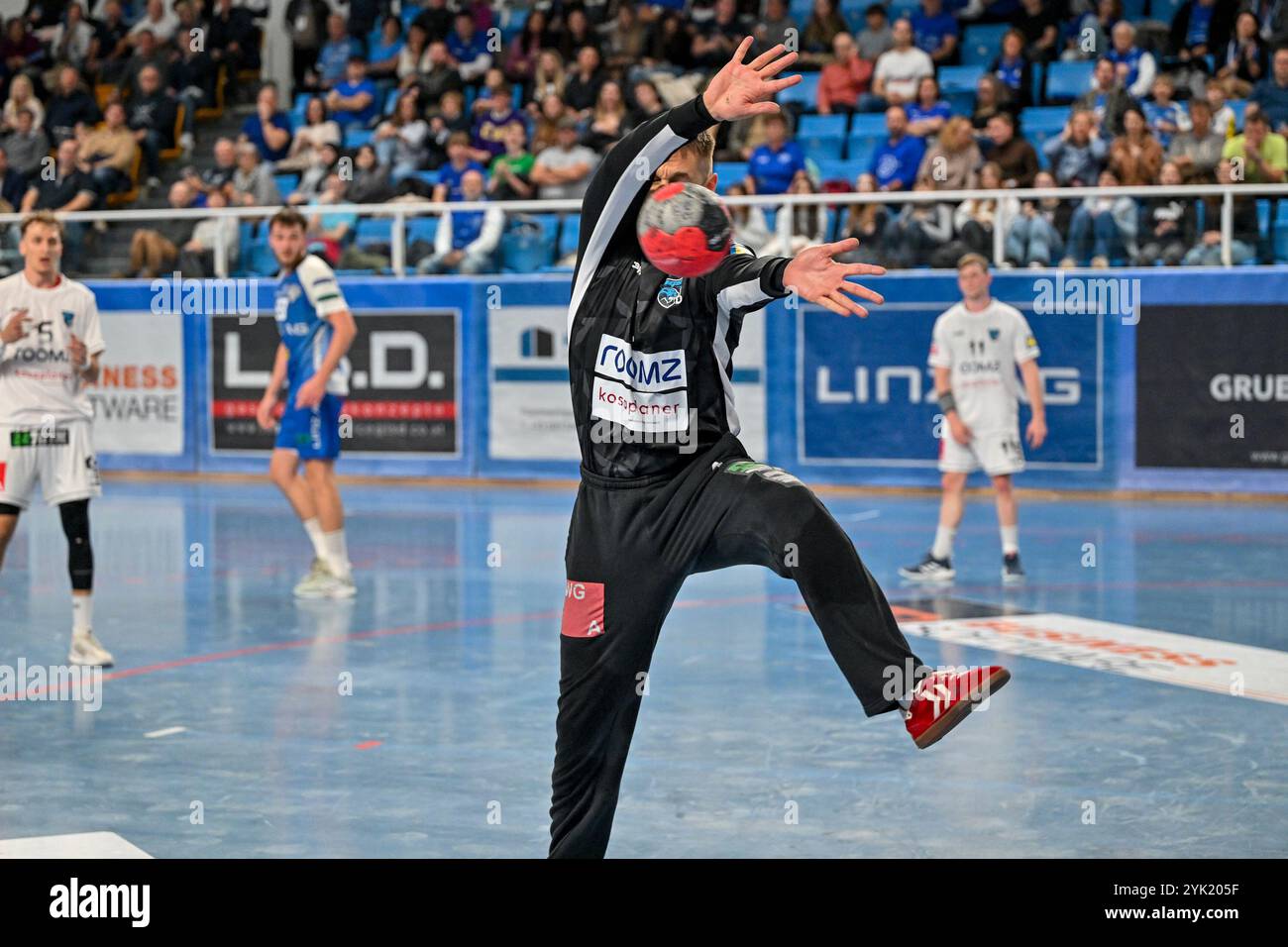 Linz, Österreich. November 2024. LINZ, ÖSTERREICH -16. NOVEMBER: Thomas Bauer von roomz Jags Voeslau während des HLA Master League Matches HC Linz AG gegen Roomz Jags Voeslau in der Mainround in SHS Kleinmuenchen am 16. November 2024 in Linz, Österreich.241116 SEPA 20 055 - 20241116 PD9128 Credit: APA-PictureDesk/Alamy Live News Stockfoto