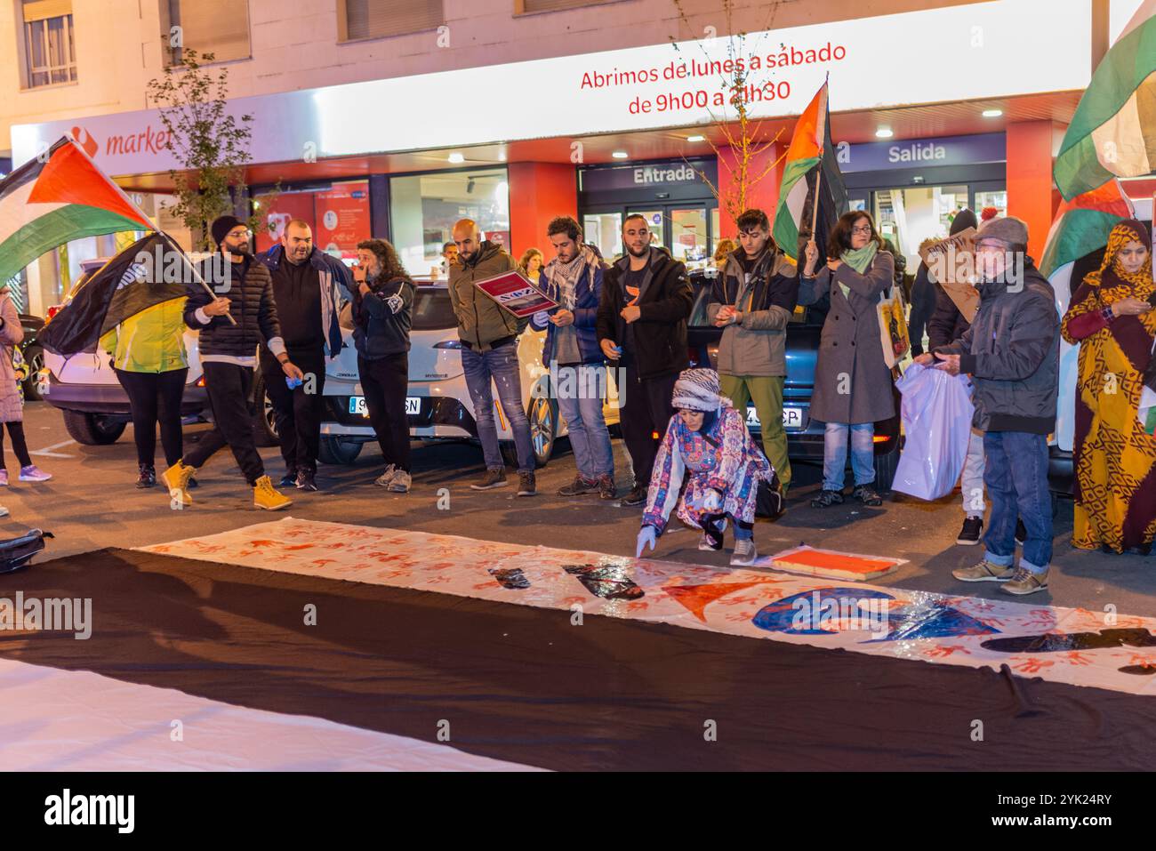 Logroño, La Rioja, Spanien. November 2024. Eine Gruppe von Aktivisten, die blaue Handschuhe tragen, nimmt an einer koordinierten künstlerischen Aktion auf einer Leinwand Teil, die auf dem Boden gespannt ist, während andere palästinensische Fahnen halten. Die Teilnehmer kombinieren Körperbewegungen als Teil der künstlerischen Performance, während einige Zuschauer die Handlung beobachten und dokumentieren. Die Leistung ist Teil einer größeren Demonstration zur Unterstützung Palästinas. Quelle: Mario Martija/Alamy Live News Stockfoto