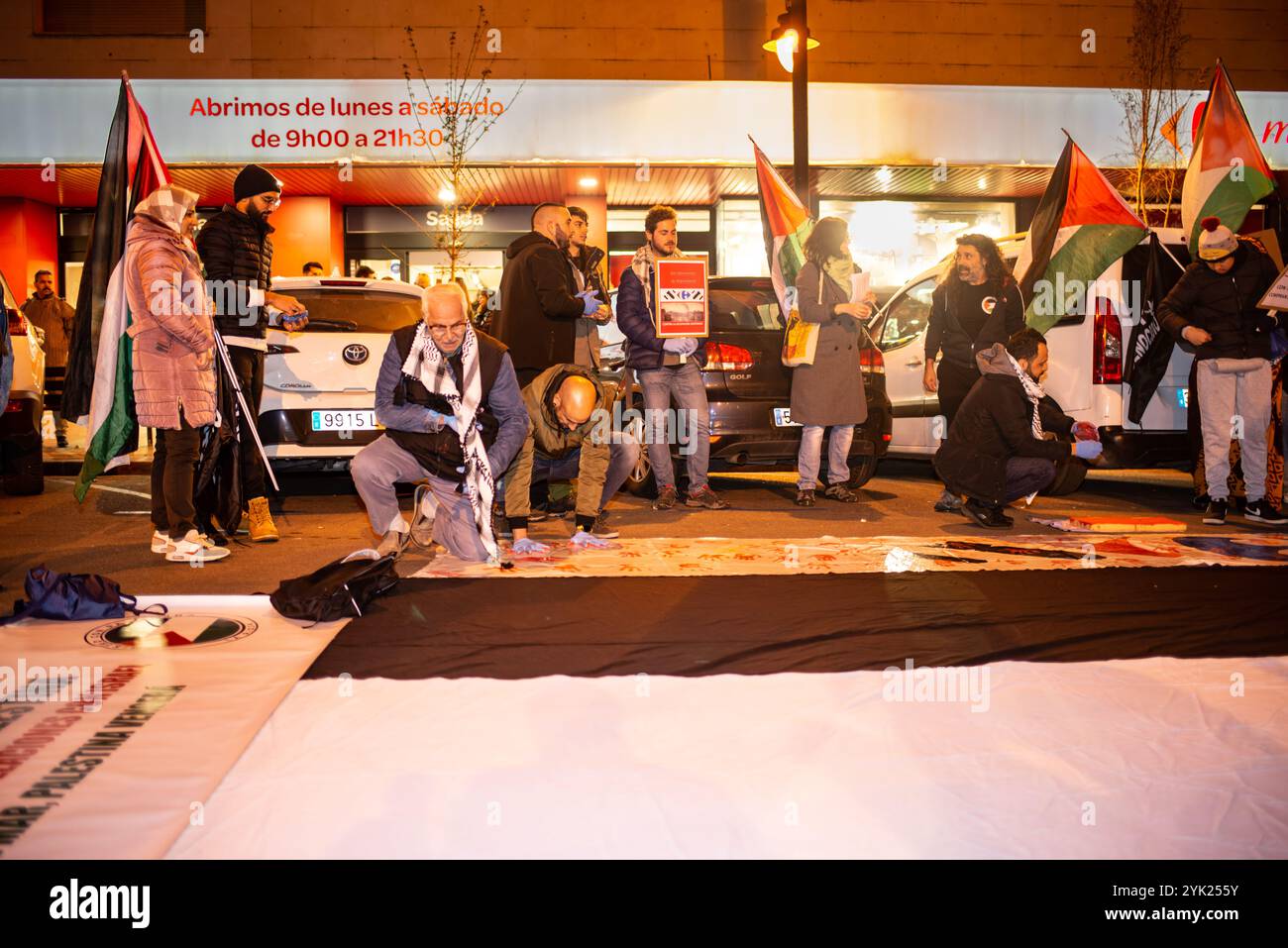 Logroño, La Rioja, Spanien. November 2024. Eine Gruppe von Aktivisten, die blaue Handschuhe tragen, nimmt an einer koordinierten künstlerischen Aktion auf einer Leinwand Teil, die auf dem Boden gespannt ist, während andere palästinensische Fahnen halten. Die Teilnehmer kombinieren Körperbewegungen als Teil der künstlerischen Performance, während einige Zuschauer die Handlung beobachten und dokumentieren. Die Leistung ist Teil einer größeren Demonstration zur Unterstützung Palästinas. Quelle: Mario Martija/Alamy Live News Stockfoto