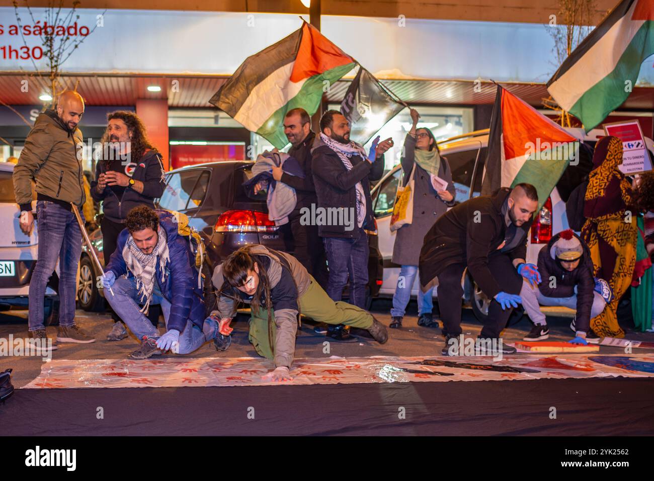 Logroño, La Rioja, Spanien. November 2024. Eine Gruppe von Aktivisten, die blaue Handschuhe tragen, nimmt an einer koordinierten künstlerischen Aktion auf einer Leinwand Teil, die auf dem Boden gespannt ist, während andere palästinensische Fahnen halten. Die Teilnehmer kombinieren Körperbewegungen als Teil der künstlerischen Performance, während einige Zuschauer die Handlung beobachten und dokumentieren. Die Leistung ist Teil einer größeren Demonstration zur Unterstützung Palästinas. Quelle: Mario Martija/Alamy Live News Stockfoto