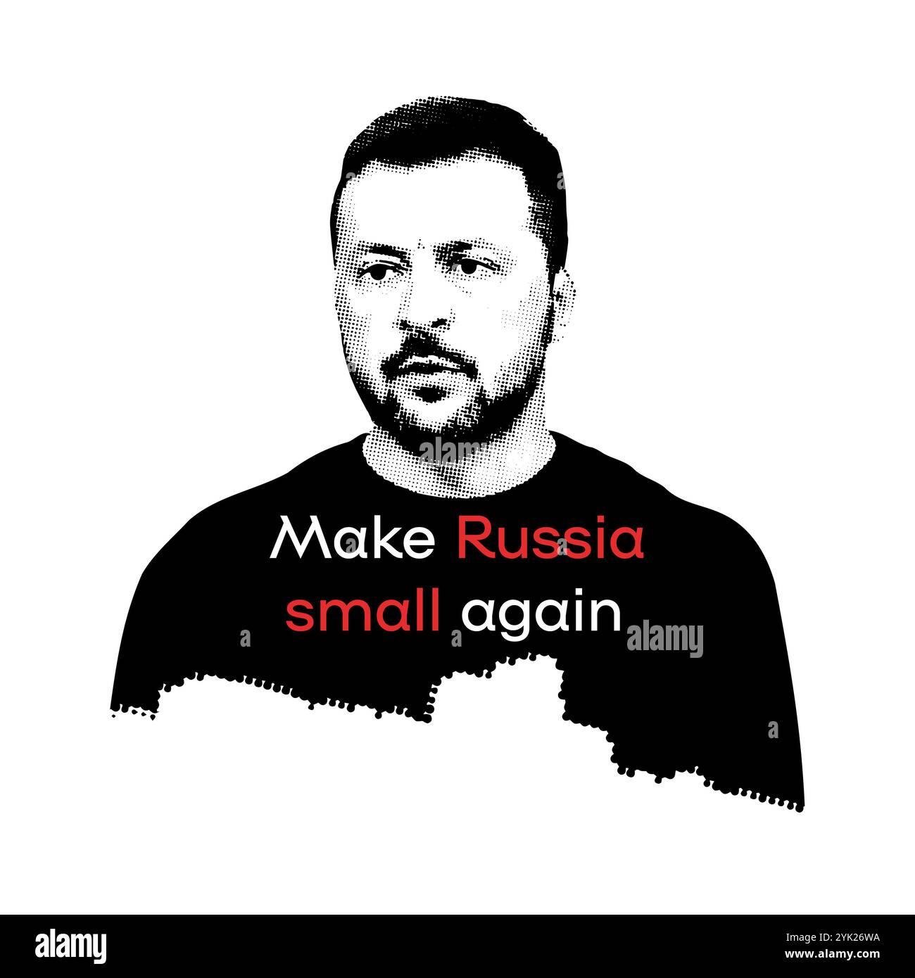 Präsident der Ukraine Wolodymyr Zelenskij und die Inschrift auf seiner Kleidung machen Russland wieder klein, isoliert auf weißem Hintergrund Stockfoto