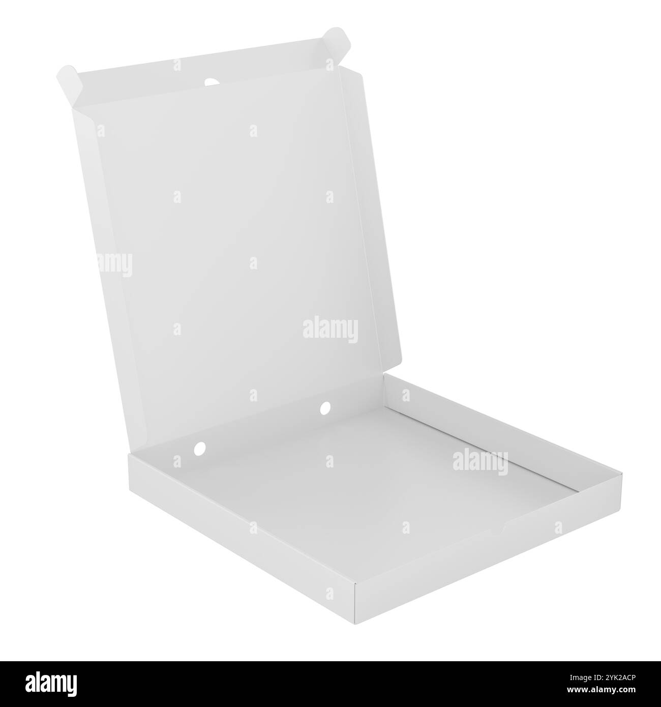 Leerer Pizzakasten, 3D-Rendering isoliert auf weißem Hintergrund Stockfoto