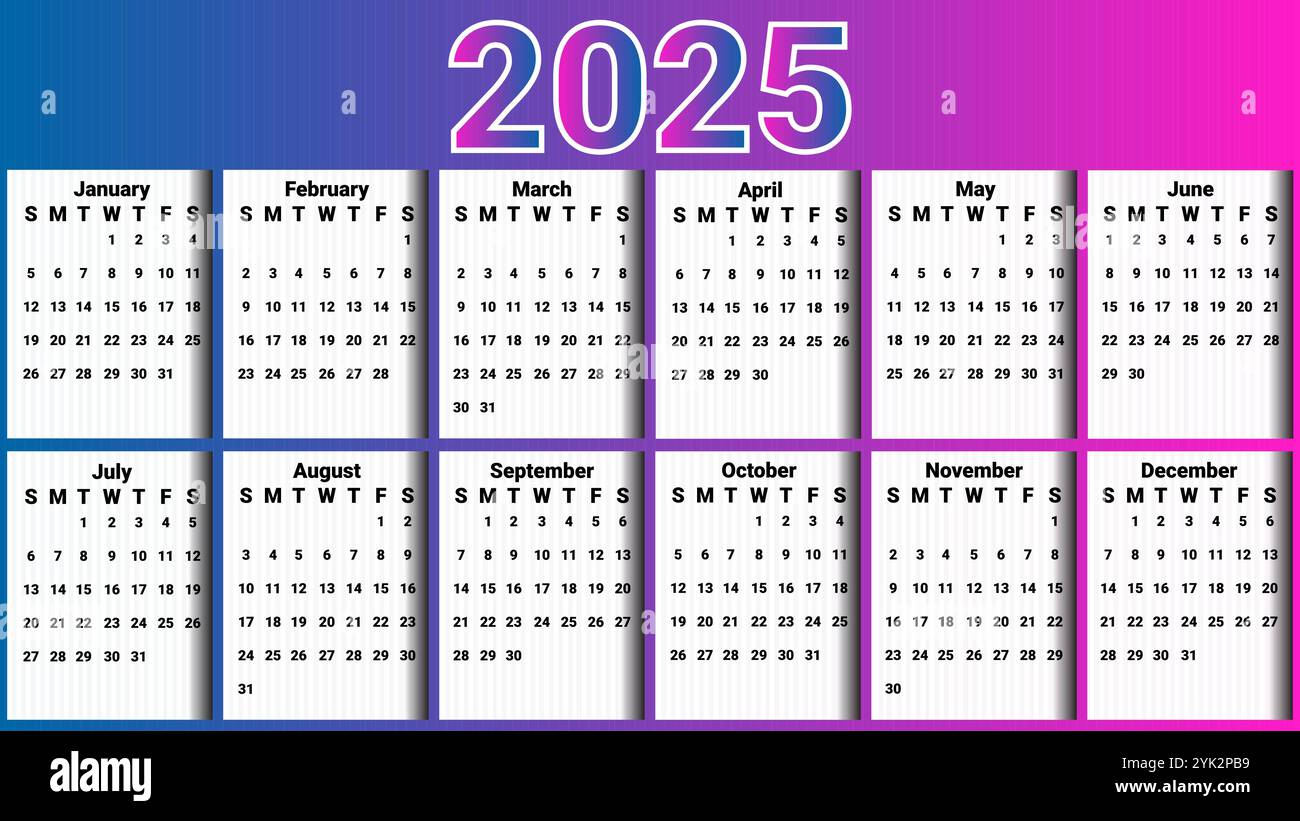 Kalender 2025 mit attraktivem blaurosa Thema und 3D weißem Hintergrund für jeden Monat Stock Vektor