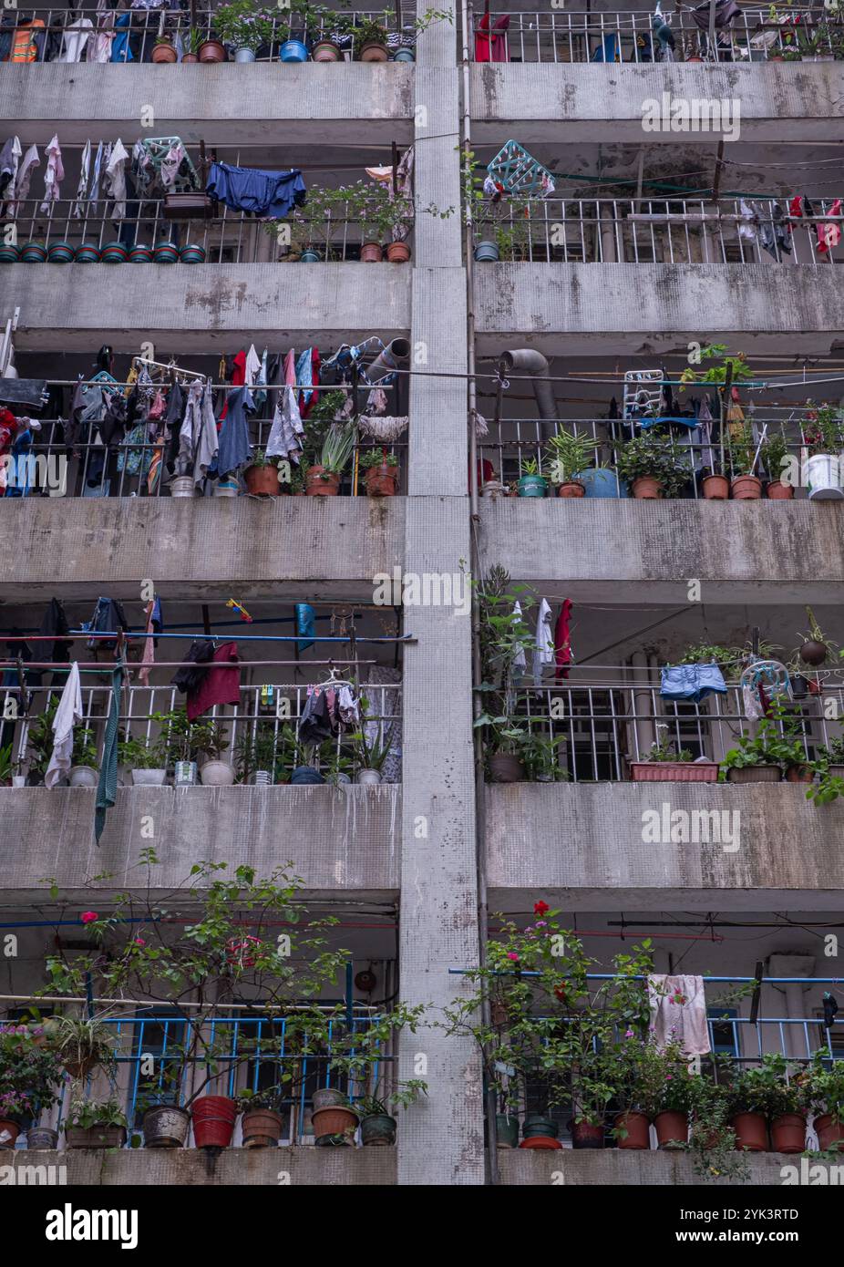 Im Herzen von Yau Ma Tei, Hongkong, stehen die Wohngebäude überfüllt und abgenutzt, ihre Balkone sind mit trockener Kleidung geschmückt. Stockfoto Im Herzen von Yau Ma Tei, Hongkong, stehen die Wohngebäude überfüllt und abgenutzt, ihre Balkone sind mit trockener Kleidung geschmückt. Stockfoto