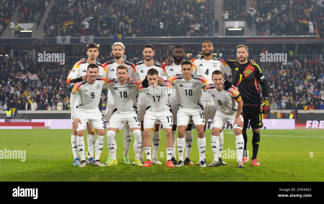 v.li. Kai Havertz (Deutschland, #07), Pascal Gross (Deutschland, #05), Robert Andrich (Deutschland #08), Maximilian Mittelstaedt (Deutschland, #18), Tim Kleindienst (Deutschland, #09), Florian Wirtz (Deutschland, #17), Antonio Ruediger (Deutschland, #02), Jamal Musiala (Deutschland, #10), Jonathan Tah (Deutschland, #04), Joshua Kimmich (Deutschland #06), Oliver Baumann (Deutschland, #01), Teamfoto, Mannschaftsfoto. Deutschland (GER) gegen Bosnien-Herzegowina (BIH), Fussball, UEFA Nations League, 5. Spieltag, Spielzeit 2024/2025, 16.11.24, Foto: Eibner-Pressefoto/Wolfgang Frank Stockfoto