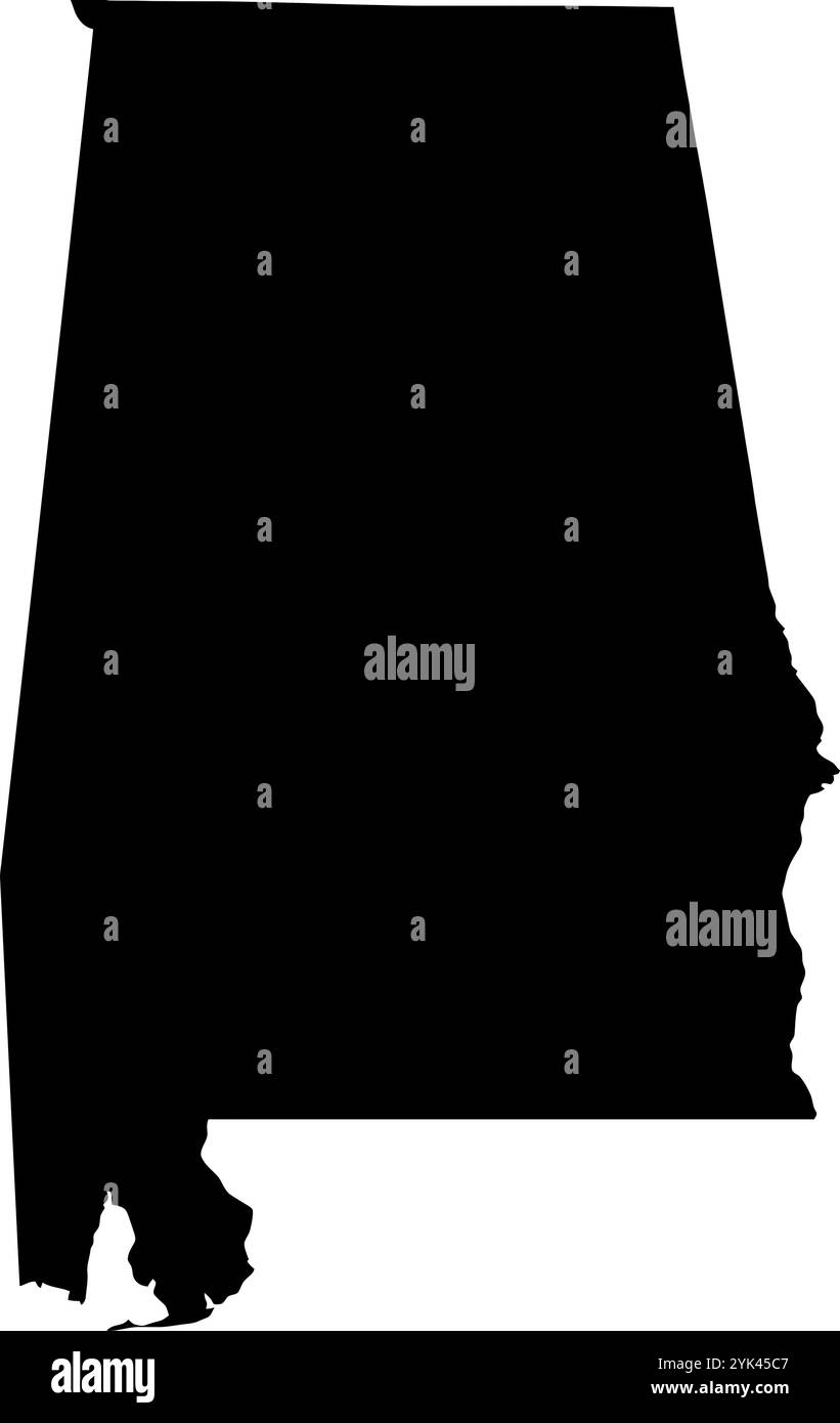 Konturkarte des Bundesstaates Alabama, USA. Vektorgrafik auf transparentem Hintergrund mit schwarzen Bereichsrändern Stock Vektor