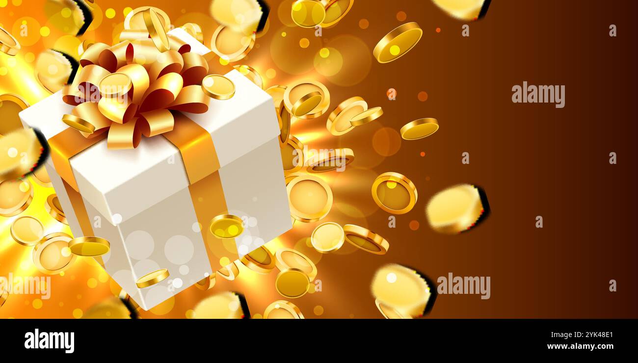 Geschenkbox mit Münzexplosion. Big-Win-Konzept. Vektorabbildung Stock Vektor