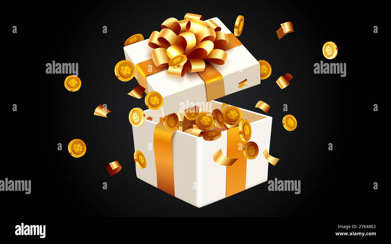 Geschenkbox mit Münzexplosion. Big-Win-Konzept. Vektorabbildung Stock Vektor