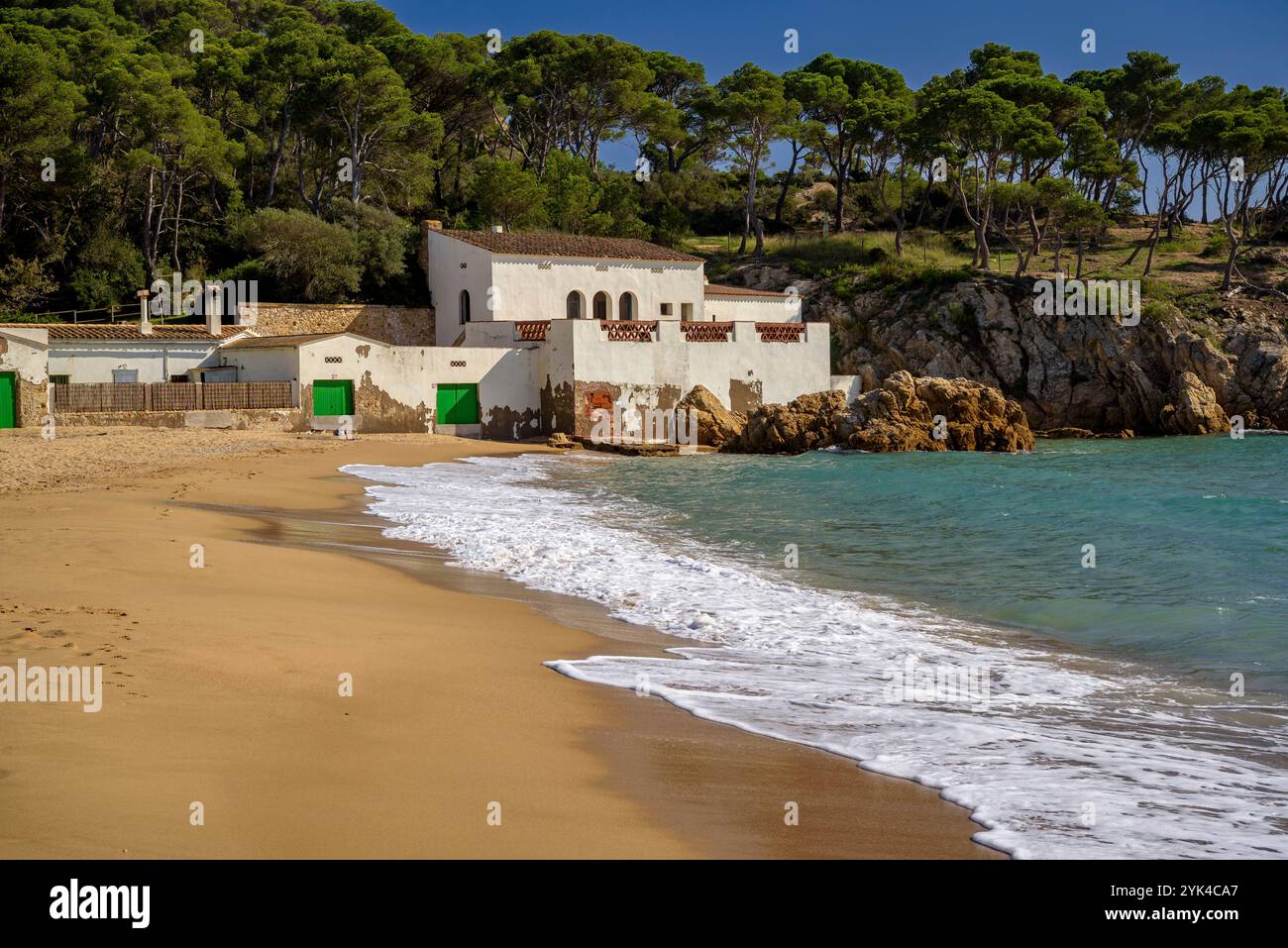 Strand Platja de Castell, an der Costa Brava, eine fast unberührte Bucht in der Nähe von Palamós (Baix Empordà, Girona, Katalonien, Spanien) Stockfoto