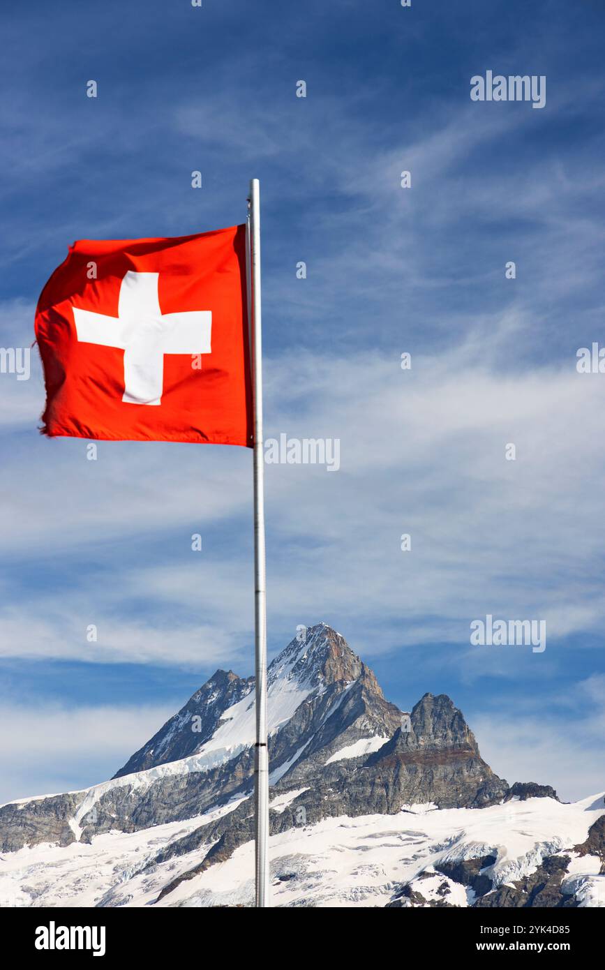 Schweizer Flagge und Shreckhorn, First, Jungfrau Region, Berner Oberland, Schweiz Stockfoto
