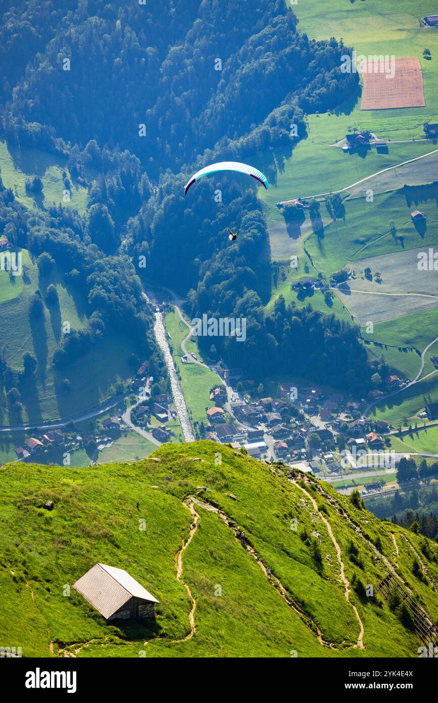 Gleitschirmfliegen über das Kandertal vom Niesen, Kanton Bern, Schweiz Stockfoto