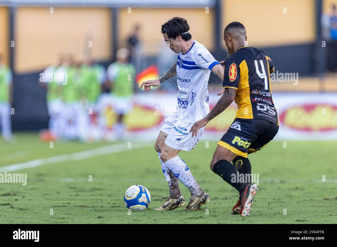 Benjamín Borasi of Paysandu wurde von Patrick of Novorizontino während des Campeonato Brasileiro Serie B Fußballspiels zwischen Novorizontino und Paysandu als Teil der Brasileirao Serie B 2024 im Doutor Jorge Ismael de Biasi Stadium 'Jorjão' am 16. November 2024 in Novo Horizonte, Brasilien, herausgefordert. (Ranier Moura/SPP) Stockfoto