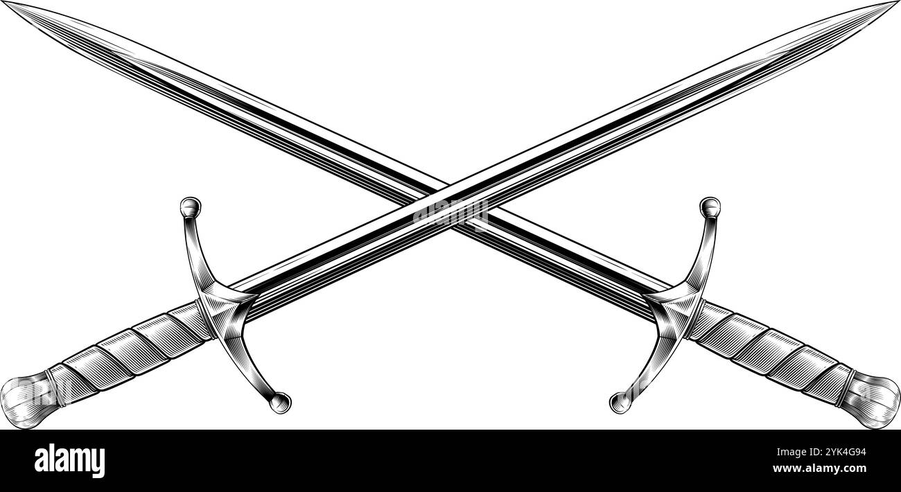 Illustration Im Vintage-Stil Mit Gekreuzten Mittelalterlichen Schwertern Stock Vektor