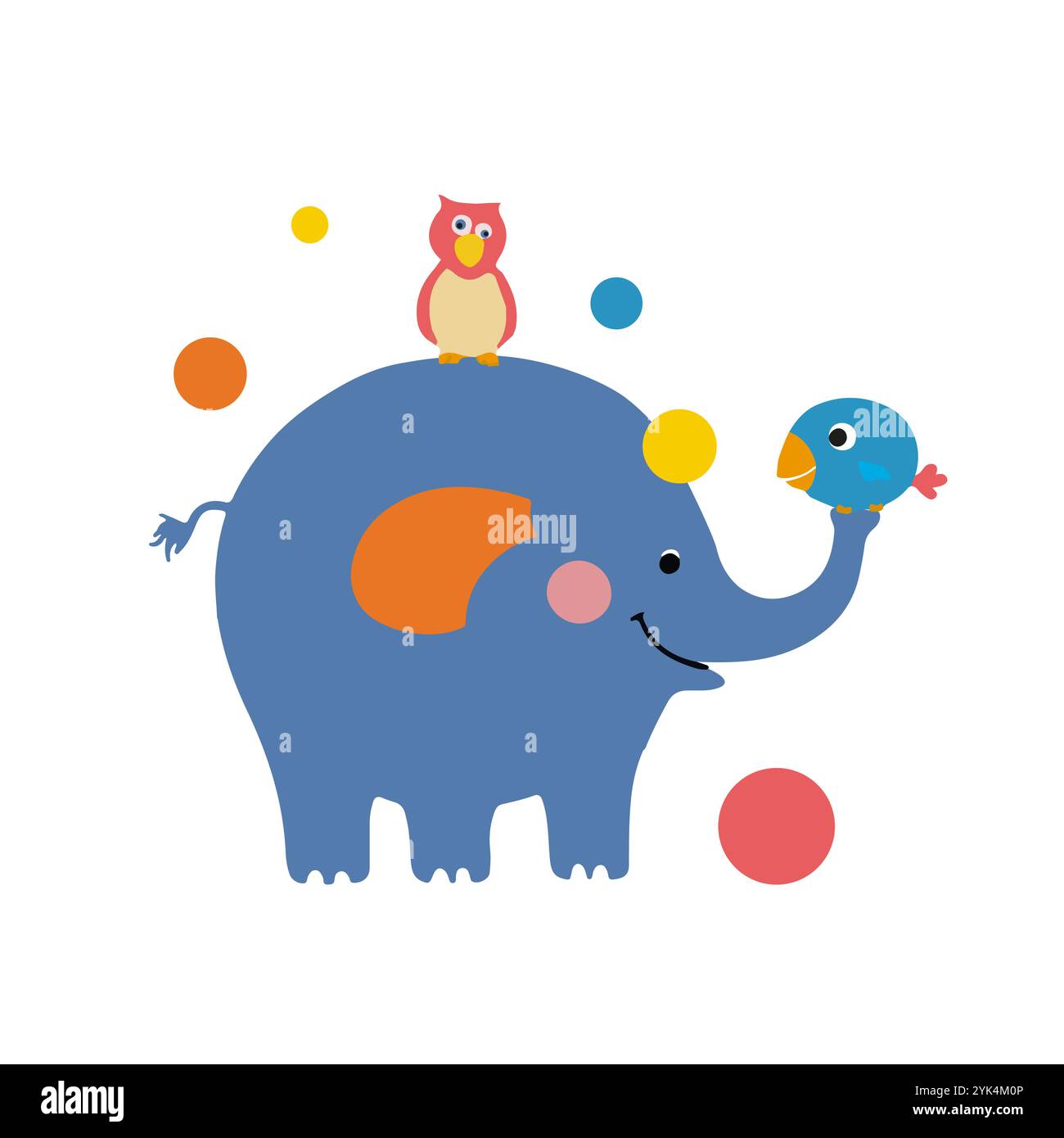 Niedlicher Comic-Elefant, der mit Vögeln Ball spielt. Vektorabbildung Stock Vektor