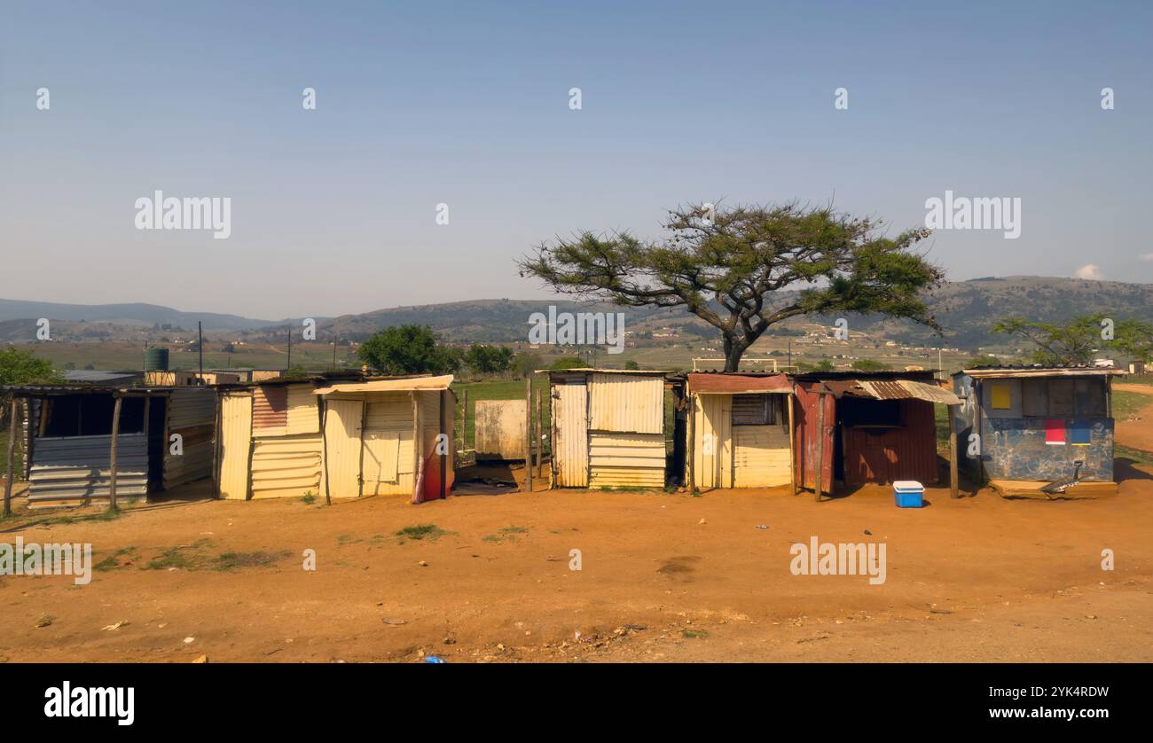 Slum am Straßenrand in Südafrika, kleine provisorische Hütten auf rötlichem Boden, ein einzelner Akazienbaum spendet Schatten. Stockfoto