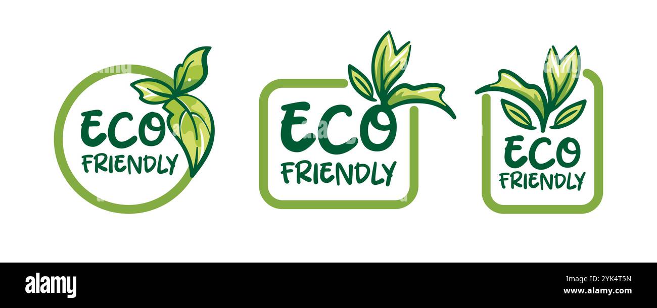 Entdecken Sie innovative umweltfreundliche Logos mit Blattdesign für nachhaltige Produkte. Vektorabbildung im Skizzenstil. Ökologisches lokales Essen Stock Vektor