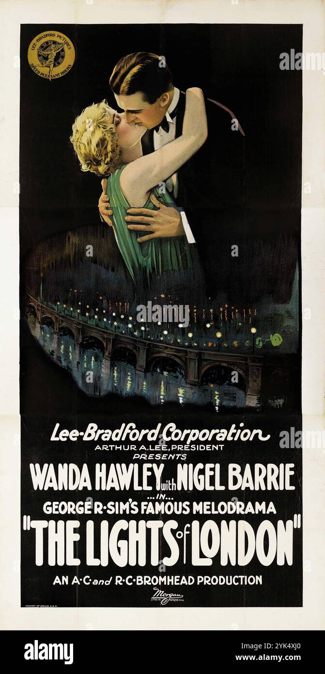 George R SIM's berühmtes Melodram Lights of London (Gaumont British, 1923). Oldtimer-Filmposter. Wanda Hawley, Nigel Barrie. Gedruckt in den USA – Stummfilm Stockfoto