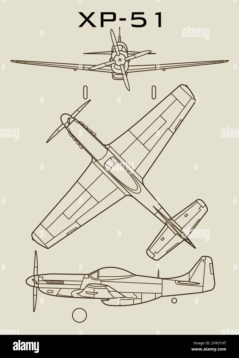 Linienzeichnung eines XP-51-Flugzeugs mit drei verschiedenen Perspektiven. In der Draufsicht wird die Ebene von oben angezeigt Stock Vektor