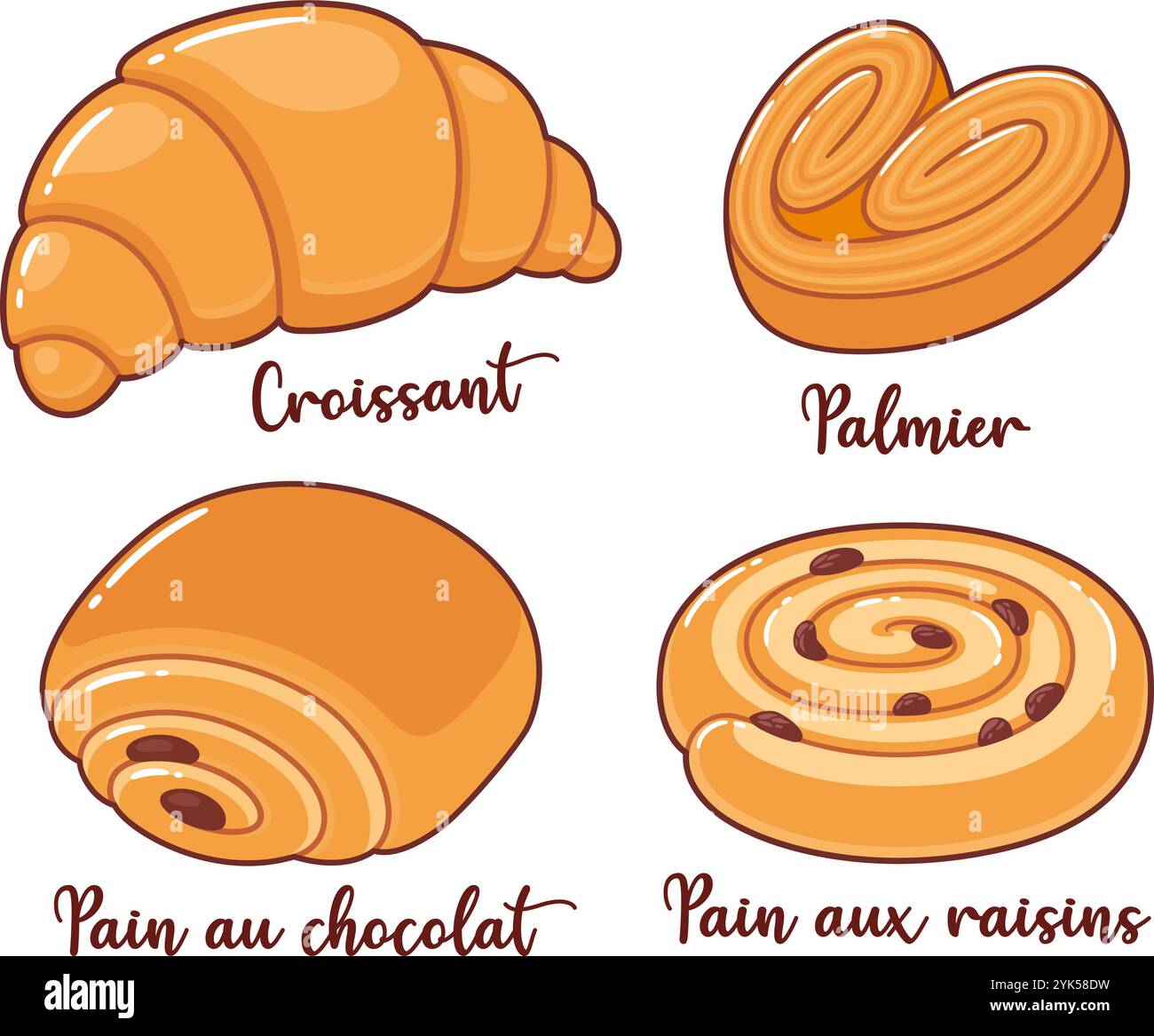 Französische Gebäckkarikaturen, traditionelle Backwaren-Desserts. Croissant, Pain au Chocolat, Pain aux Rosinen, Palmier. Vektorzeichnungsset. Stock Vektor