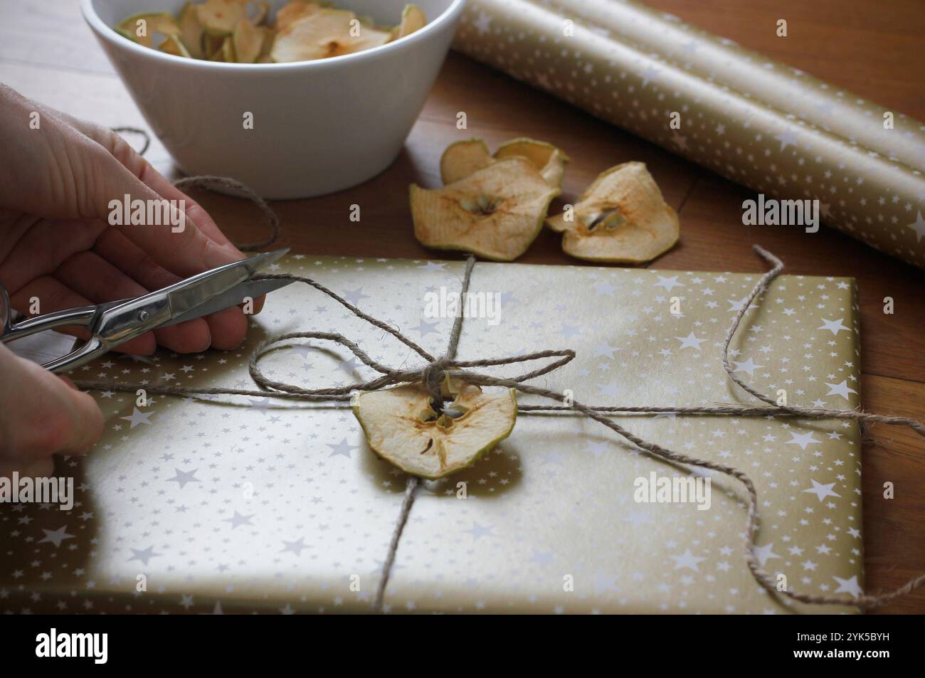 Nahaufnahme von weiblichen Händen, die Weihnachtsgeschenk umhüllen. Weihnachtsgeschenk in goldenem Geschenkpapier, verziert mit getrocknetem Apfel, getrockneten Äpfeln in einer Schüssel, Stockfoto