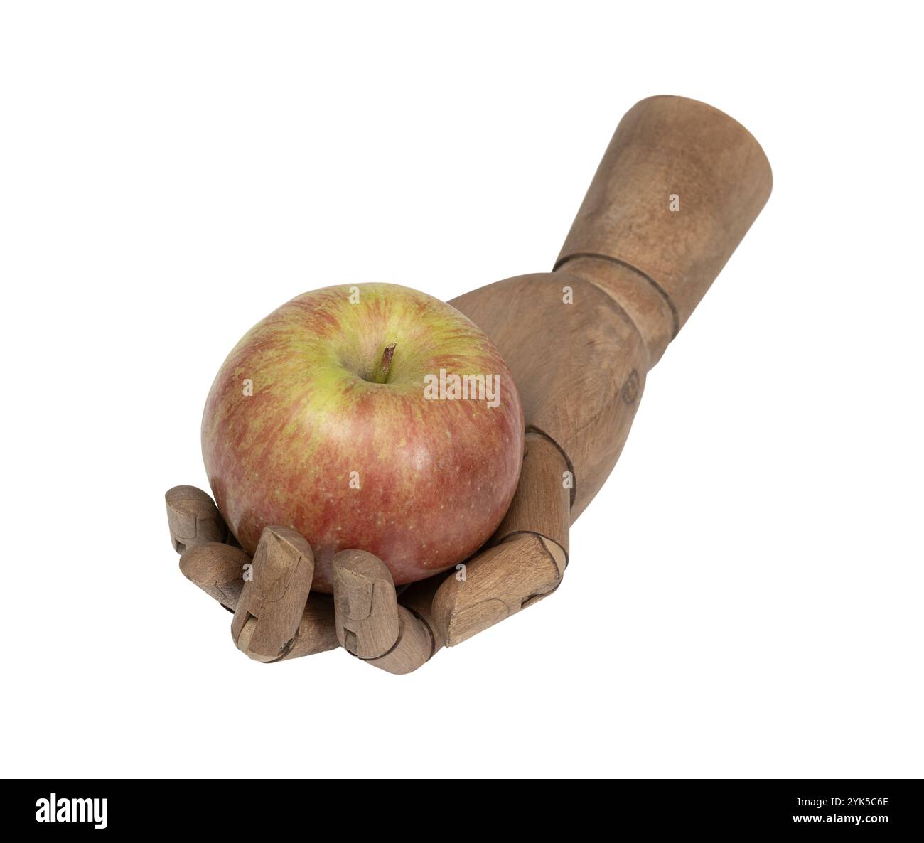Ein Apfel in der Handfläche einer hölzernen Hand auf weißem Hintergrund Stockfoto