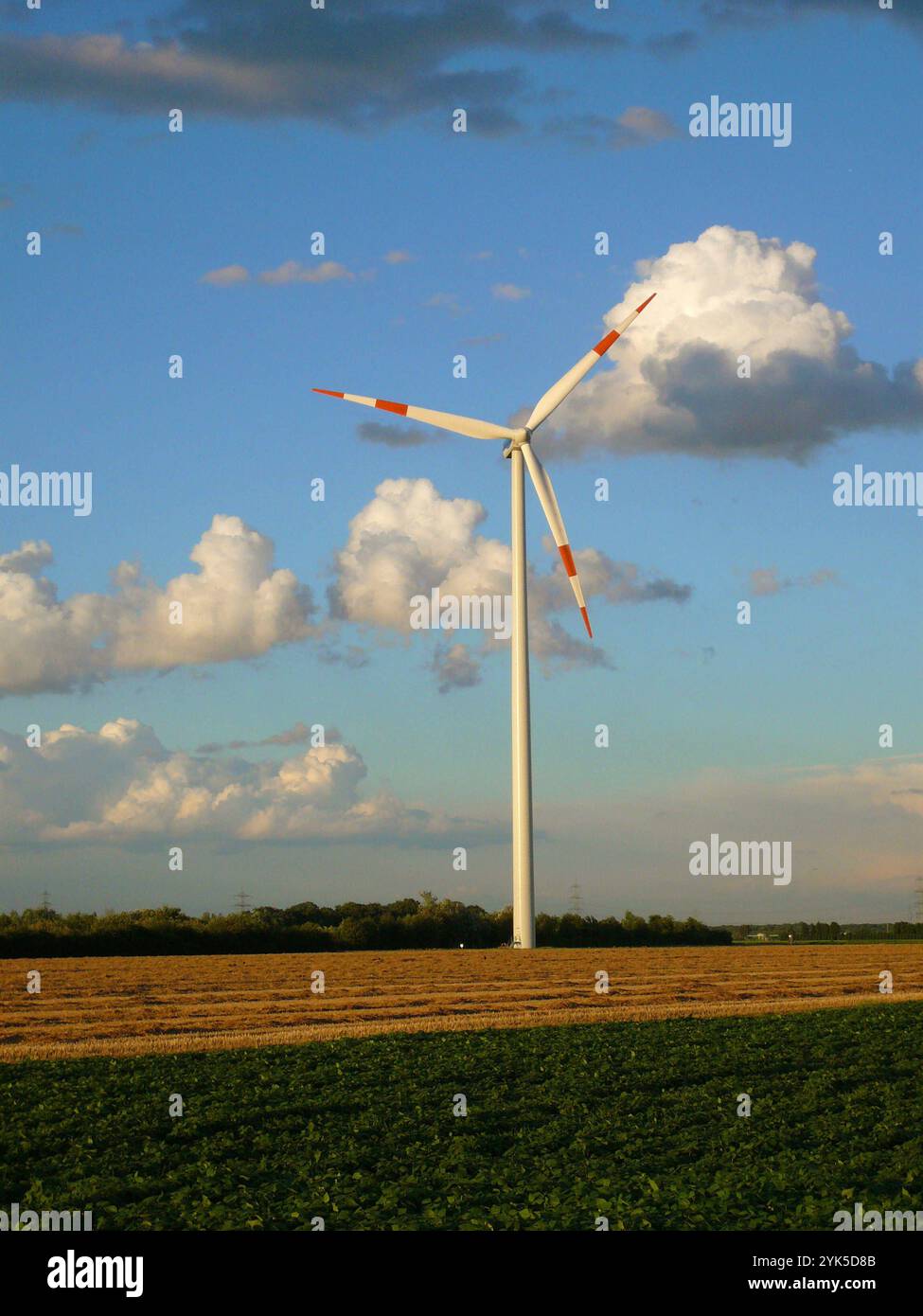 Blick auf eine Windenergieanlage am Niederrhein im Kreis Neuss mit Wolken gesehen im Sommer 2008 Windenergieanlage mit Wolken *** Blick auf eine Windenergieanlage am Niederrhein im Bezirk Neuss mit Wolken gesehen im Sommer 2008 Windenergieanlage mit Wolken Stockfoto