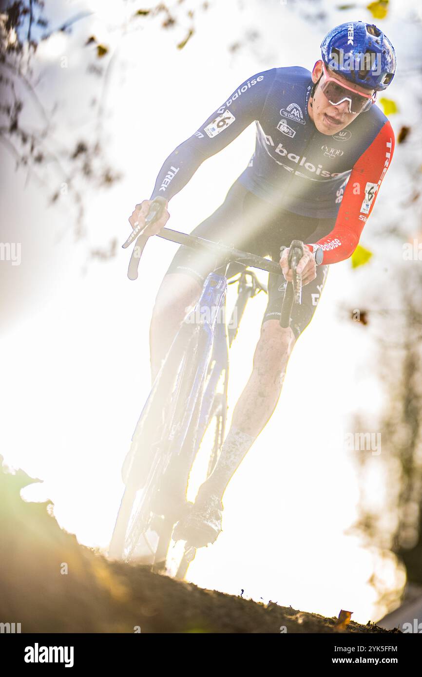 Der niederländische PIM Ronhaar wurde während des Männer-Elite-Rennens des Cyclocross-Rennens „Flandriencross“ in der 3/8. Etappe des „X20 Badkamers Trofee“-Wettbewerbs am Sonntag, den 17. November 2024 in Hamme gezeigt. BELGA FOTO JASPER JACOBS Stockfoto