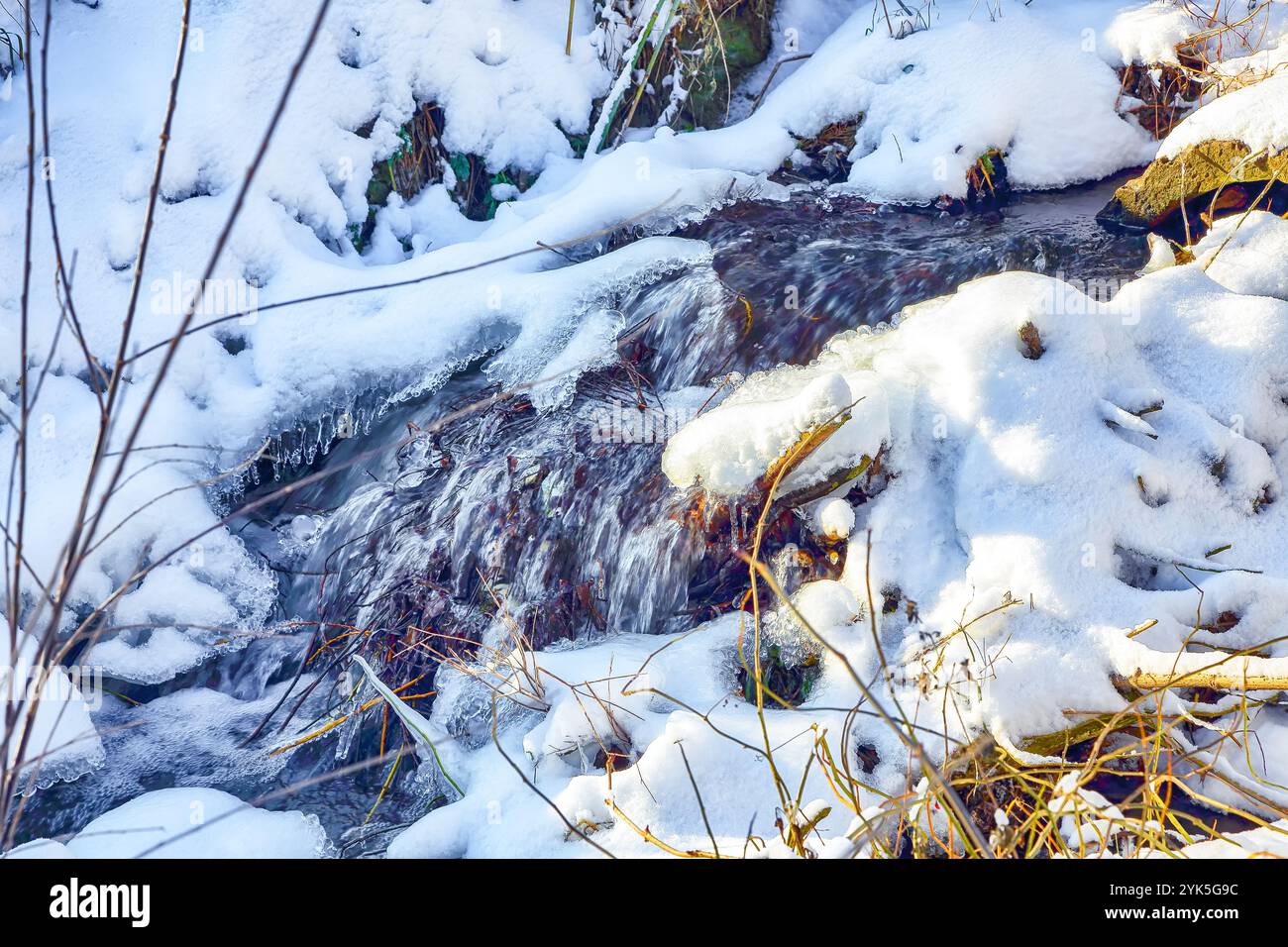Landschaftsfoto eines nicht gefrorenen Flusses mit schneller Strömung und Stromschnellen an düsteren kalten Wintertagen Stockfoto