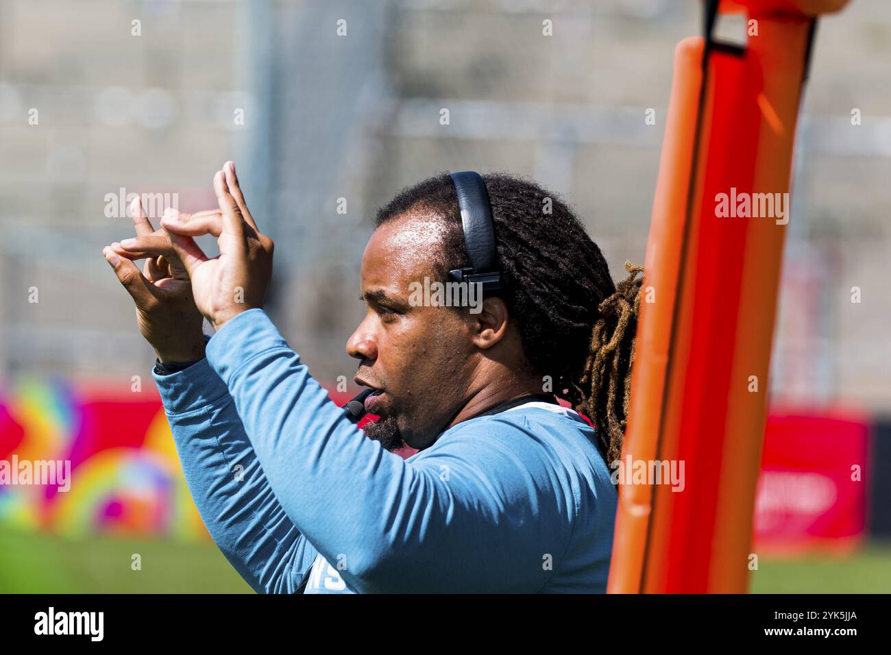 Europäische Fußballliga, elf/ Spiel: Milano Seamen in München Ravens am 28. Juli 2024 im Sportpark Unterhaching, Unterhaching, Deutschland, Europa Stockfoto