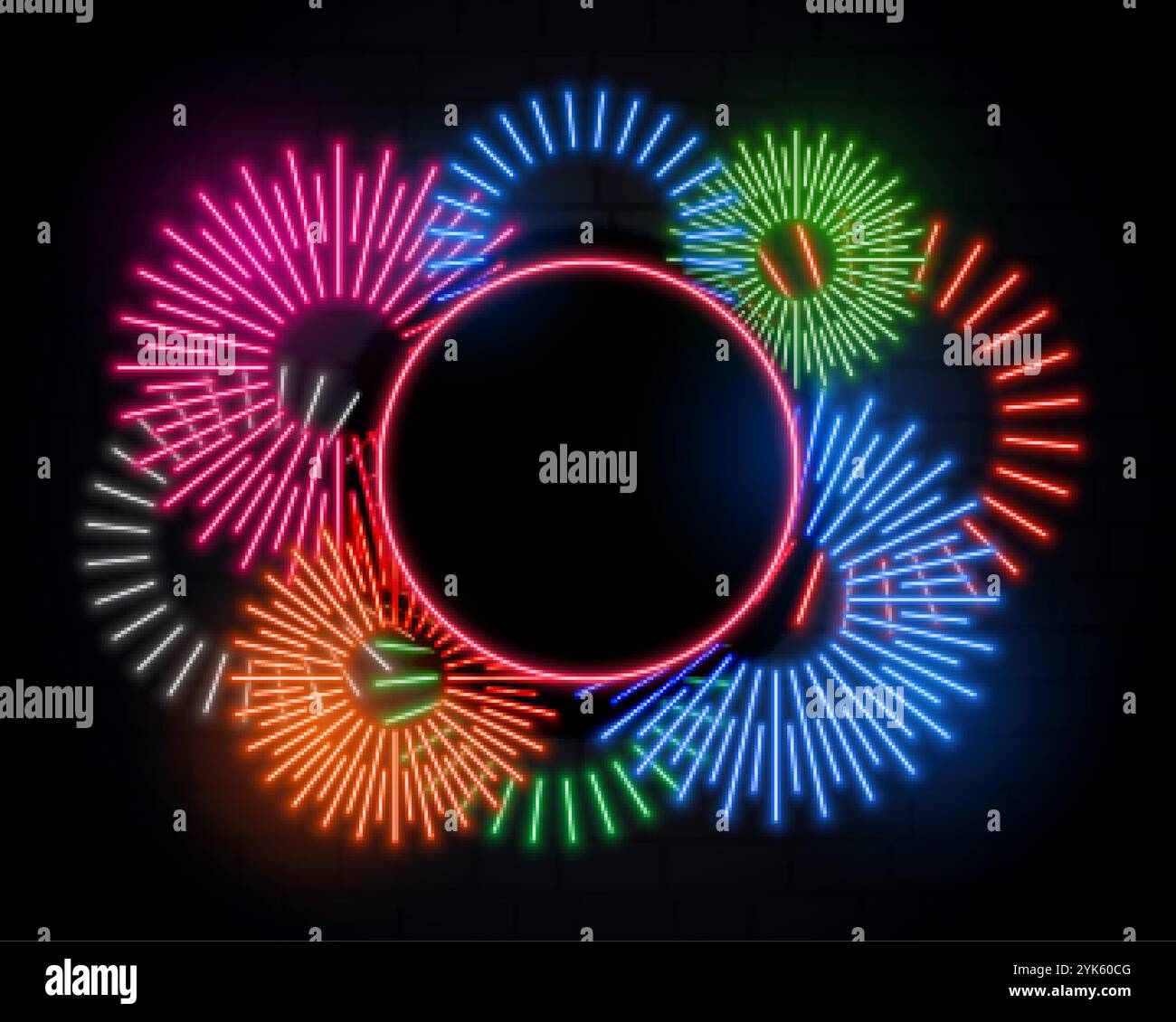 Feuerwerk feier Frame in Neon style und Text Raum Stock Vektor