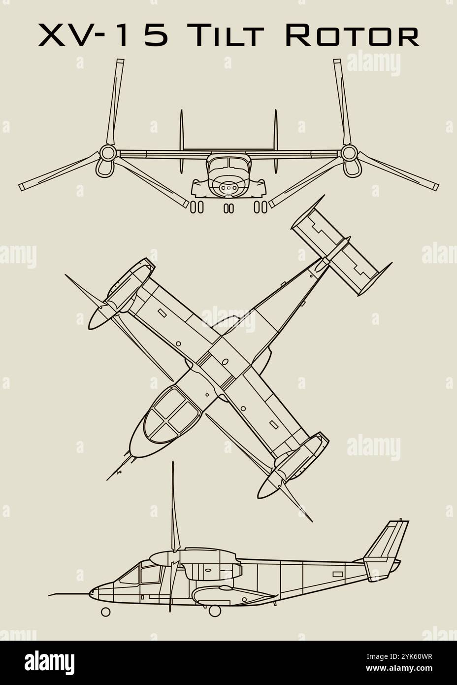 Linienzeichnung eines XV-15 Tilt Rotor-Flugzeugs mit drei verschiedenen Perspektiven. In der Draufsicht wird die Ebene von oben angezeigt Stock Vektor