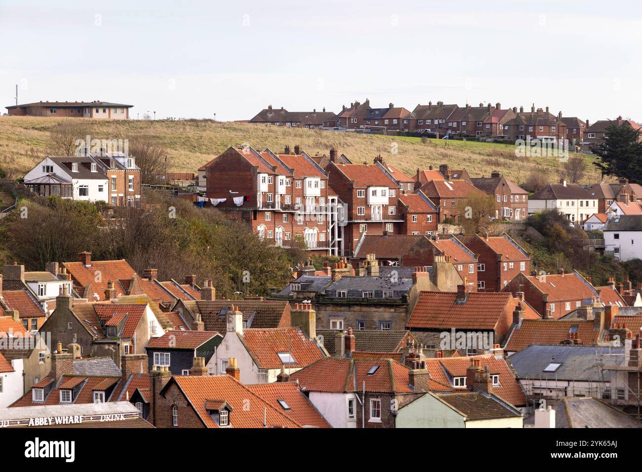 Blick auf Whitbys East Cliff mit Blick auf den historischen Hafen und die Abtei auf die Hütten und Häuser Stockfoto