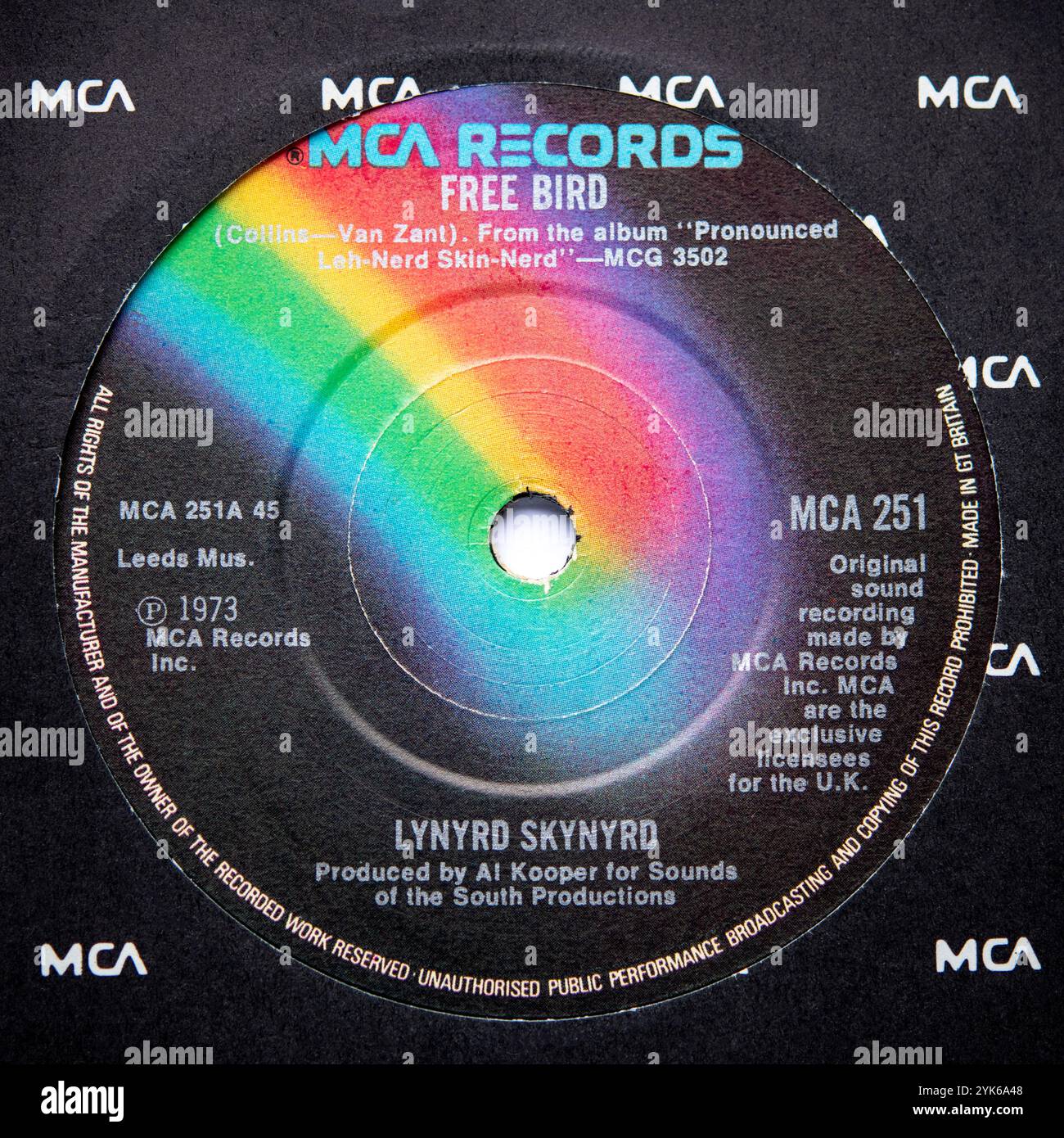 Center-Label der Sieben-Inch-Single-Version von Free Bird von Lynyrd Skynyrd, die 1973 veröffentlicht wurde Stockfoto