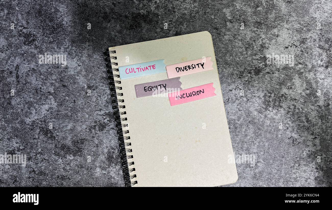 Das Konzept „Kultivieren“, „Vielfalt“, „Einbeziehung“ und „Gleichheit“ schreibt auf Haftnotizen, die auf einem Holztisch isoliert sind. Stockfoto