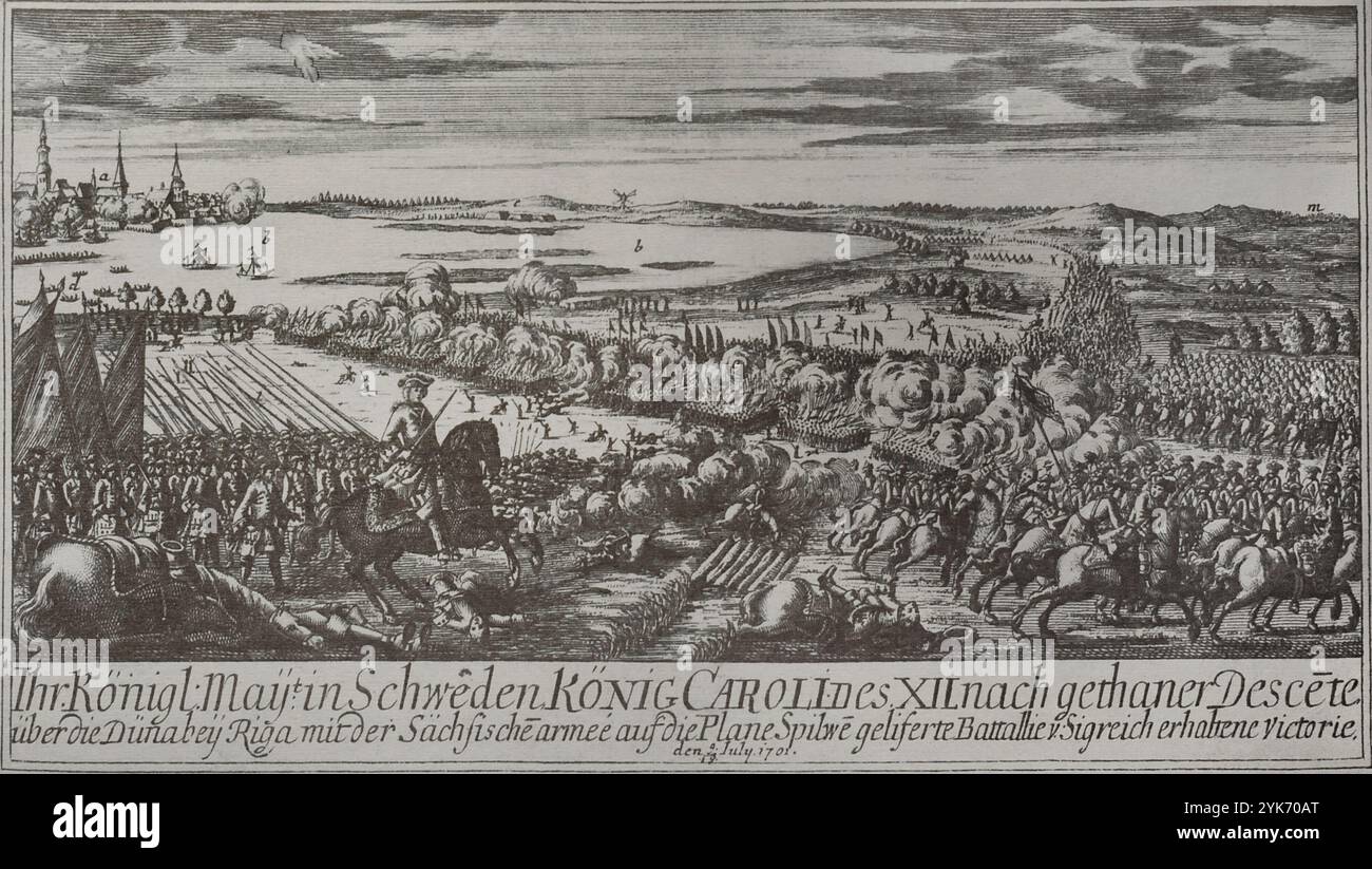 Großer Nordkrieg (1700–1721). Konflikte um die Vorherrschaft in der Ostsee. Die Rivalität zwischen Schweden, das in Nordeuropa dominiert, und Russland, Dänemark-Norwegen und der Republik der beiden Nationen veranlassten diese drei staaten zusammen mit Sachsen 1700 zu einer antischwedischen Koalition. Schlacht von Daugava oder Schlacht von Spilve (9. Juli 1701). Die Armee von König Karl XII. Von Schweden Griff die Befestigungen von Lucavsala über den Fluss Daugava an und besiegte die Russen. Die Gravur zeigt das Ende der Schlacht. Die schwedische Infanterie (Fahnenträger, Musketiere, Pikeniere) greift an. Ein Stockfoto