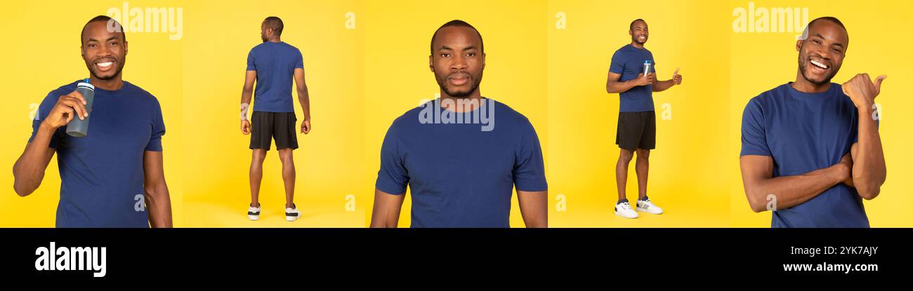 Mann in einem blauen Hemd posiert selbstbewusst vor einem hellgelben Hintergrund Stockfoto