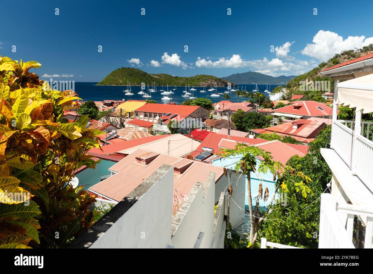 Blick über die Dächer des Dorfes Terre-de-Haut auf der tropischen französischen Karibikinsel Guadeloupe unter blauem Himmel Stockfoto