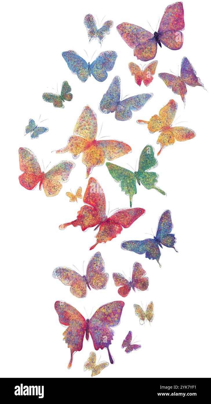 Digitale Aquarellmalerei von bunten Schmetterlingen isoliert auf einem weißen oder transparenten Hintergrund Stockfoto